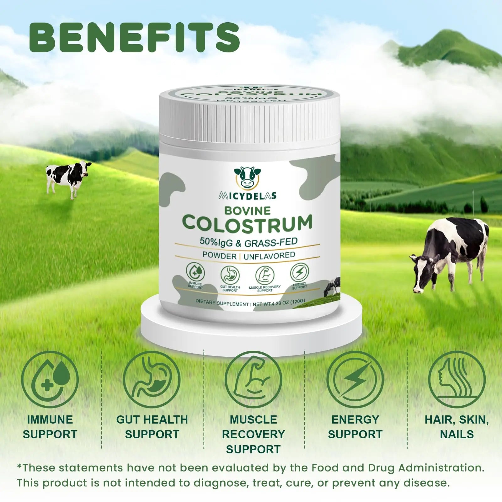 MICYDELAS Bovine Colostrum Supplement Powder 50% IgG Premium Bovine Colostrum for Gut Health Support, Immune Support, Muscle Recovery & Overall Wellness, Grass Fed, Non-GMO, Unflavored, 60 Servings MICYDELASnz supplements