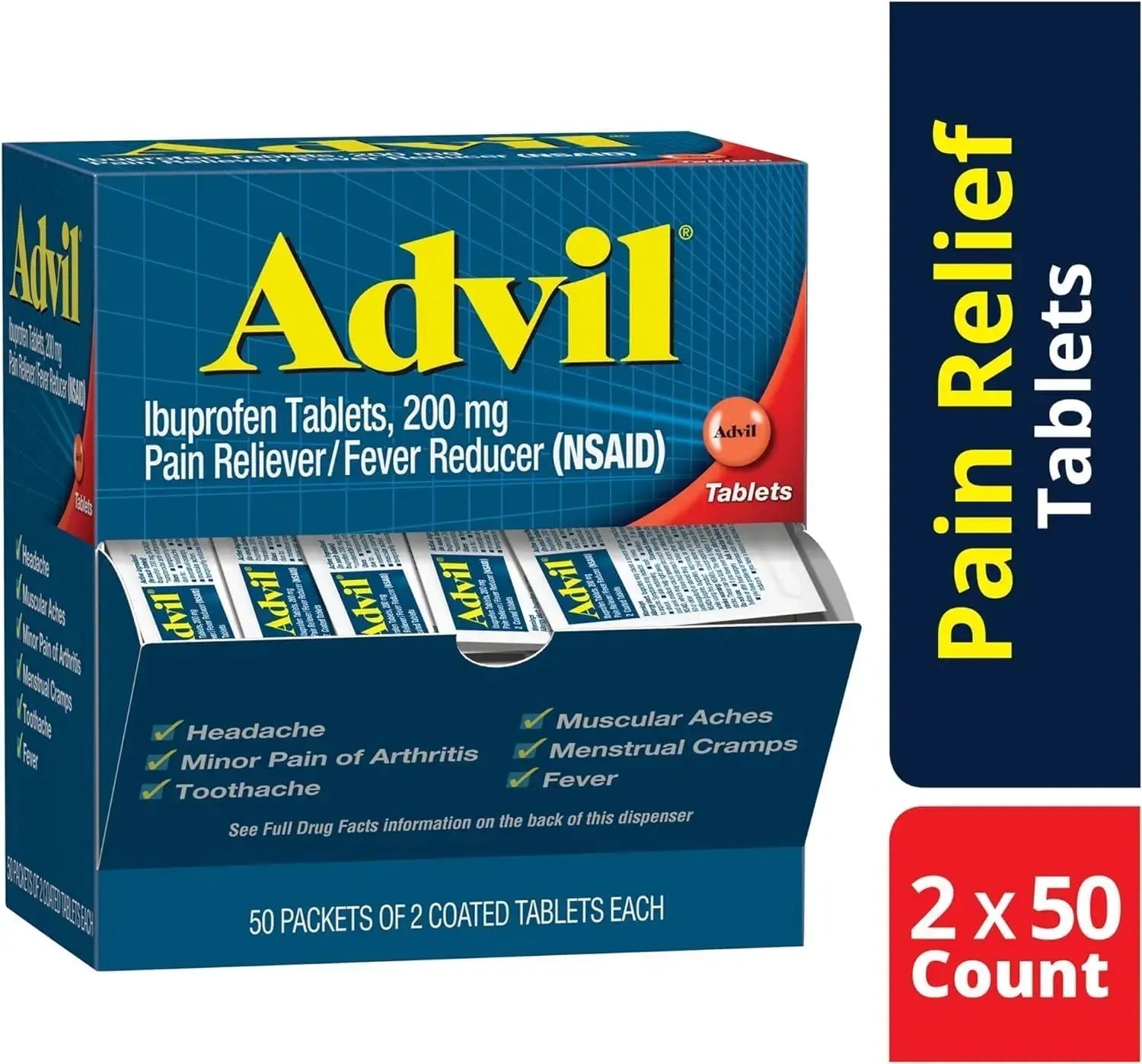 Advil Ibuprofen Tablets, 200 mg Pain Reliever/Fever Reducer (NSAID), 100 Tablets (50 Packets of 2 Tablets Each) AdvilAu supplements