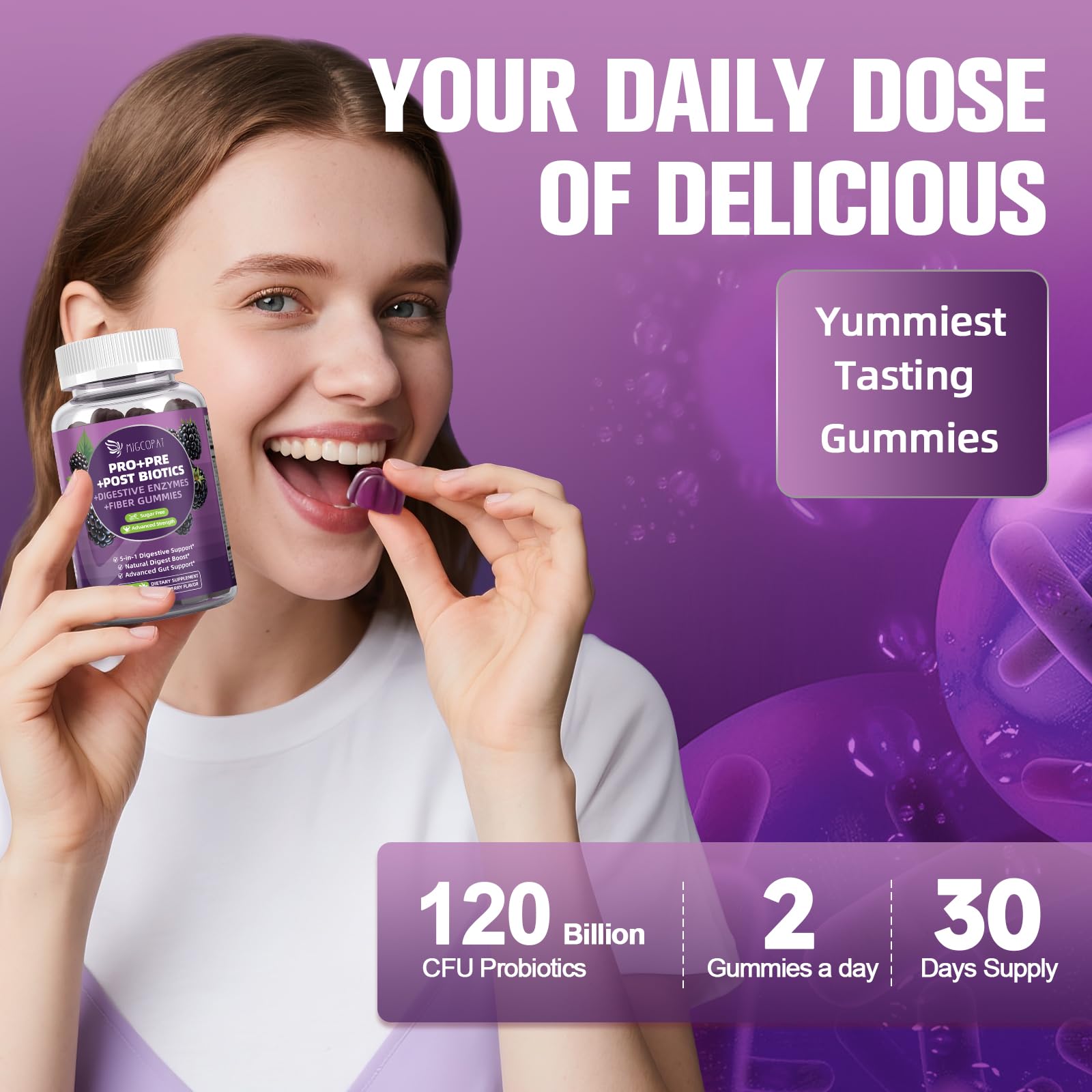 Migcopat Pre Post Probiotics Gummies, 5 in 1 Probiotic Prebiotic Postbiotic Digestive Enzymes with Fiber, 120 Billion CFU Probiotics Complete Gut Support, Sugar Free, Vegan, BlackBerry Flavor, 60 Cts MigcopatAu supplements