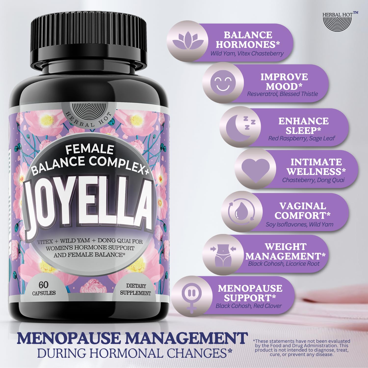 11-in-1 Hormonal Balance, Relief for Menopause Symptoms, Helps Reduce Hot Flashes, Night Sweats, and Mood Swings, Clinically Proven Ingredients, Natural PMS Support, Made in USA, 3rd Party-Tested HERBAL HOTAu supplements