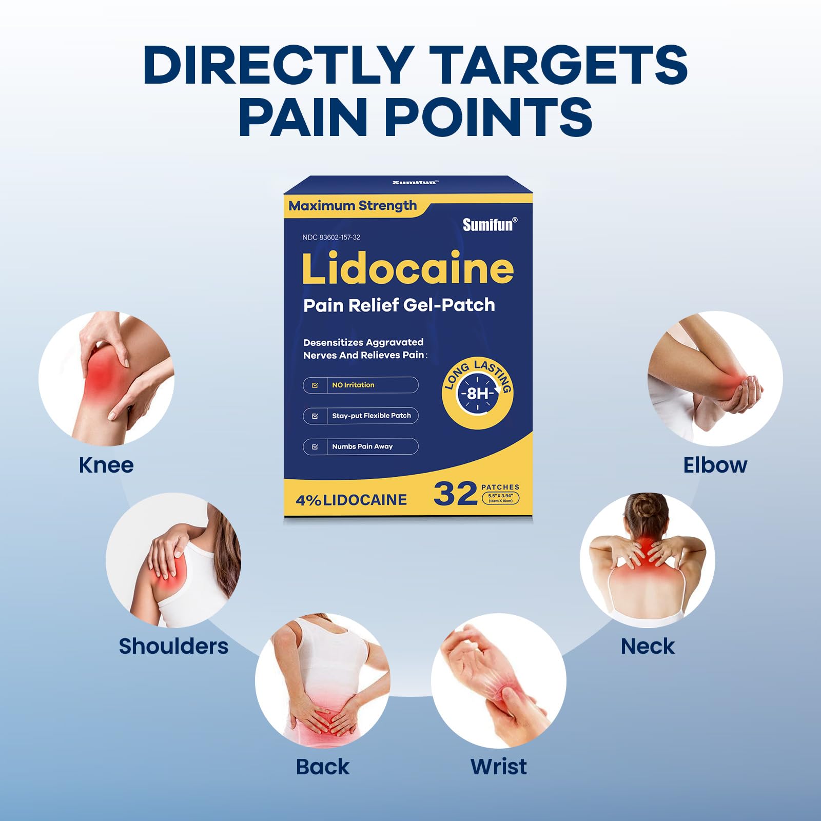 Sumifun 4% Lidocaine Patches Maximum Strength- Pain Relieving Gel Patch for Back, Shoulder, Muscle, Knee Pain Relief,Neck & Joint Pains-Numbs Away Pain, Apply for Up to 8 Hours (Large, Count, 32) SumifunAu supplements