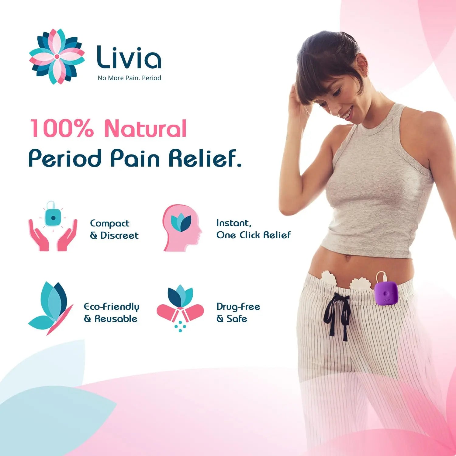 Livia Menstrual Pain Relief Device, Purple – Off-Switch for Period Pain – Portable & Discreet – Rechargeable, Up to 8 Hours Battery – Complete Kit with Stick-On Pads – The Go-to Travel Partner LiviaAu supplements