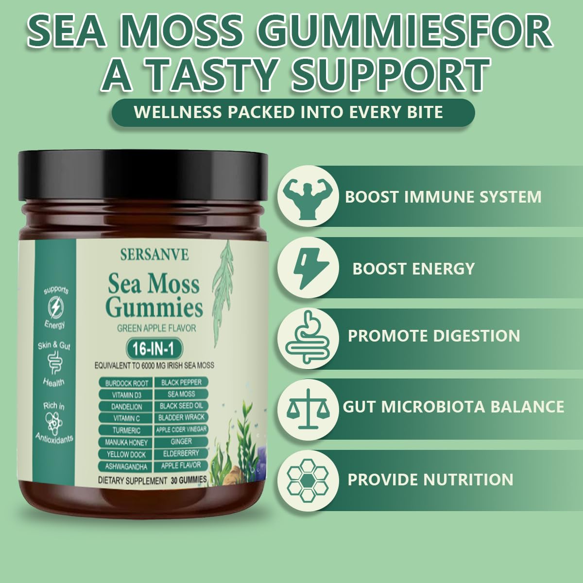 Sea Moss Gummies 16-in-1, with Black Seed Oil, Ashwagandha & Elderberry | Organic Irish Sea Moss Supplement for Men & Women | Daily Support with Manuka, Burdock Root & Vitamins C & D3, 30 Gummies SERSANVEAu supplements