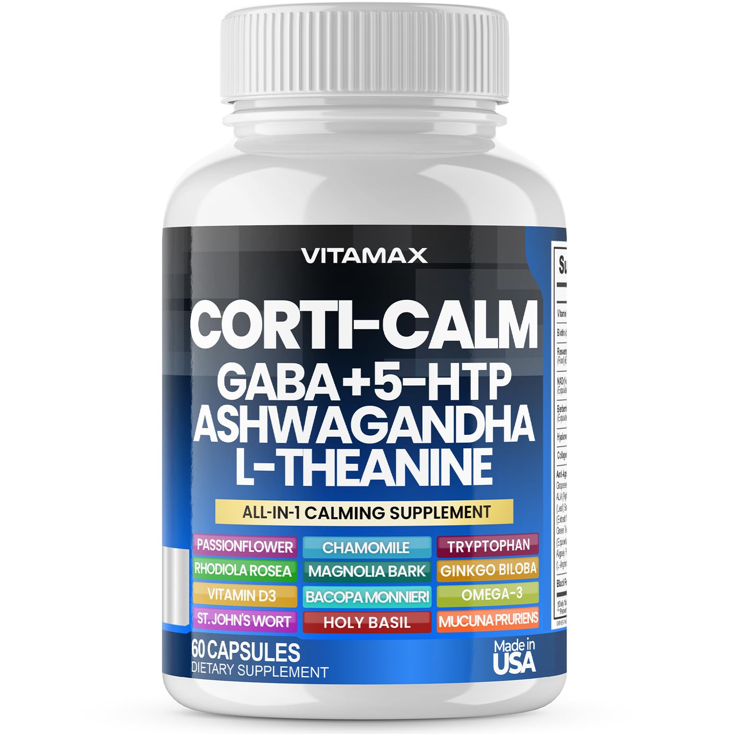 Corti-Calm Cortisol Supplement, L Theanine, Ashwagandha, Vitamin D 3, GABA for Relaxation, Fatigue & Focus with Ginkgo Biloba, Bacopa Monnieri, 5-HTP – Non-GMO, Made in USA – 60ct VitamaxAu supplements