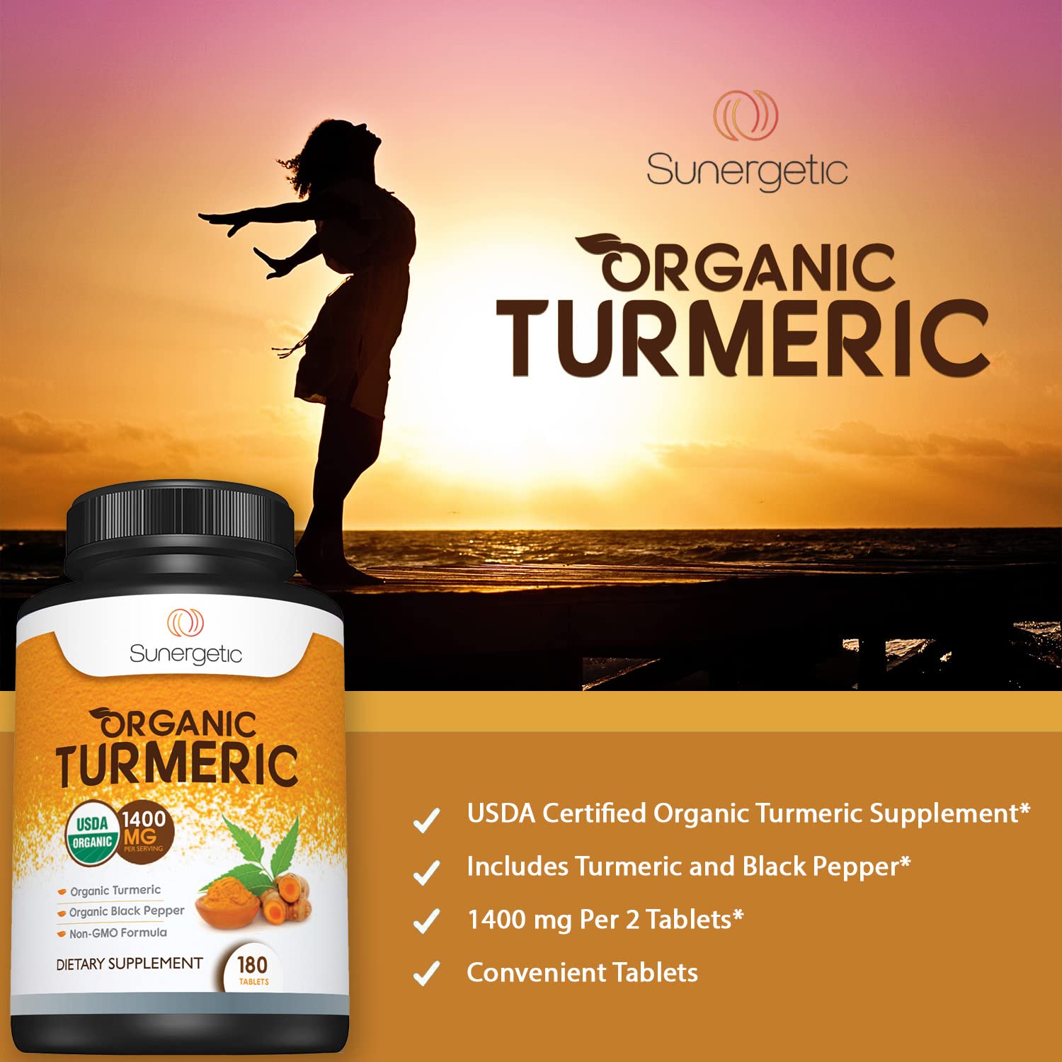Sunergetic USDA Certified Organic Turmeric Supplement – Includes Organic Turmeric SunergeticUS supplements