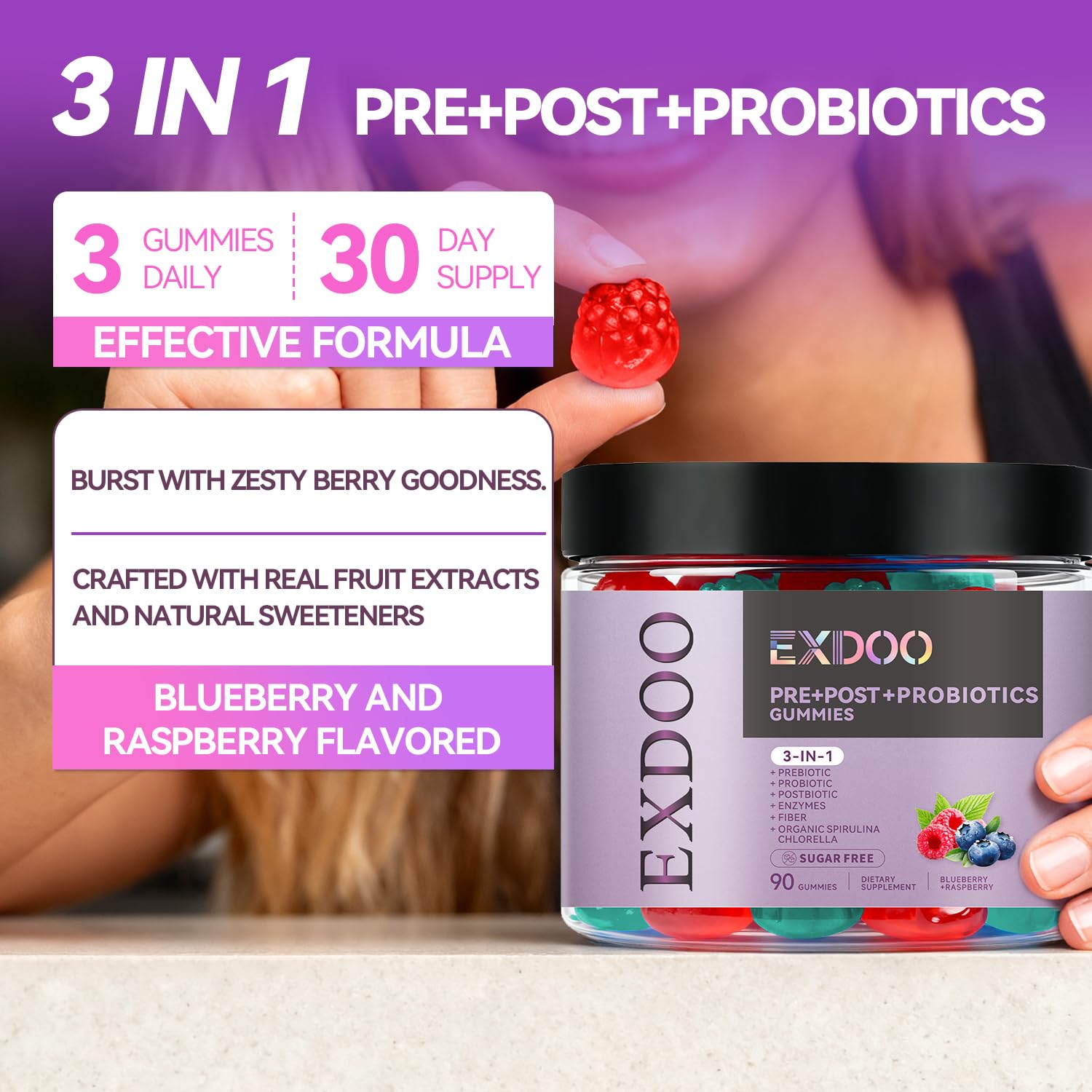 exdoo 3-in-1 Probiotic Gummies Prebiotic+Probiotic+Postbiotic with Organic Spirulina Chlorella Immune Gut & Digestive Support 90 Count exdooAu supplements