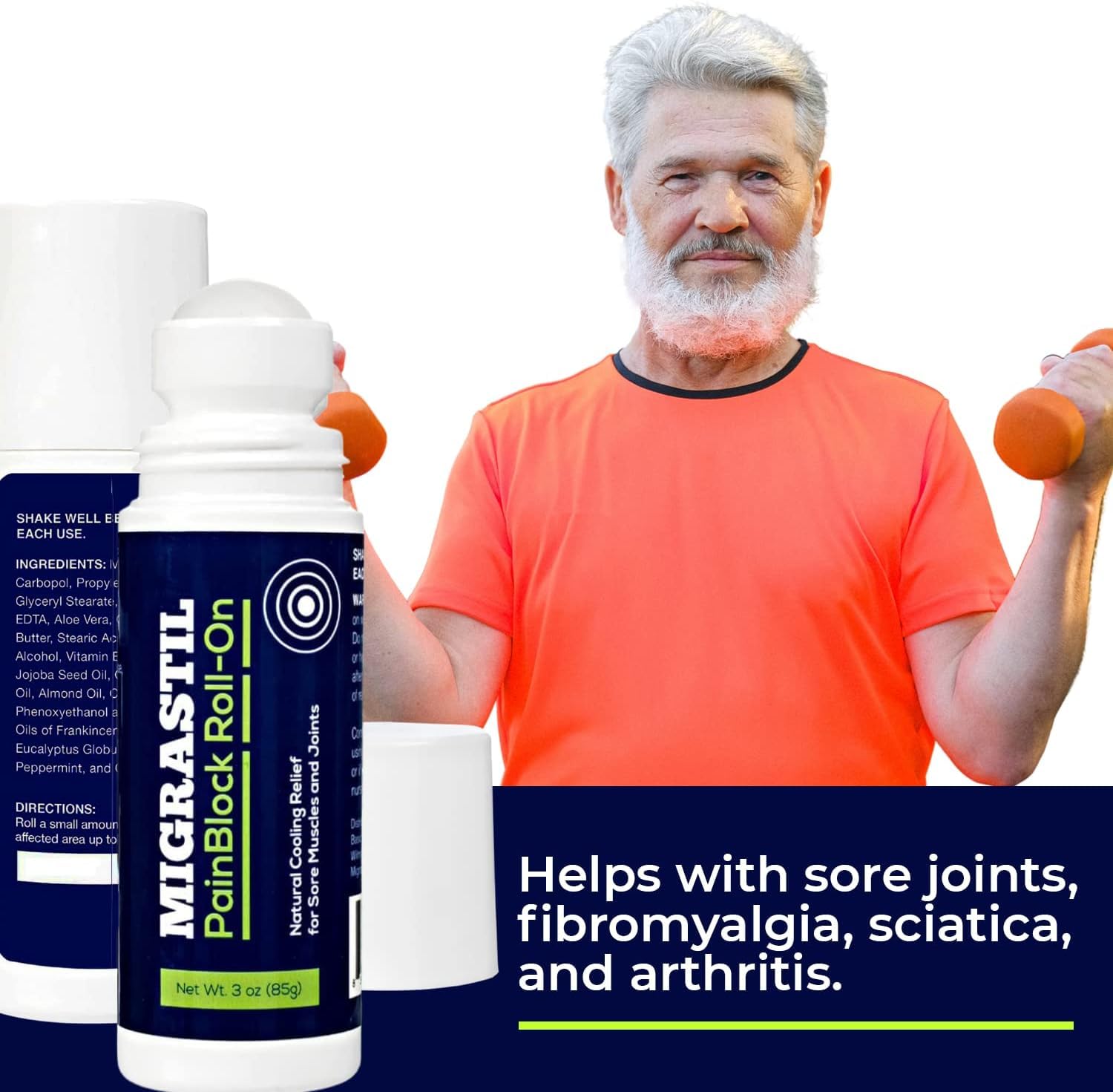 Migrastil PainBlock Roll-On 3 oz - Topical Roll-On for Muscle Aches, Cramps, Joint & Nerve Discomfort. Works Great on Shoulders, Neck, Feet, Knees, Legs, Back, Elbows, HIPS, Etc. (2) Basic VigorAu supplements