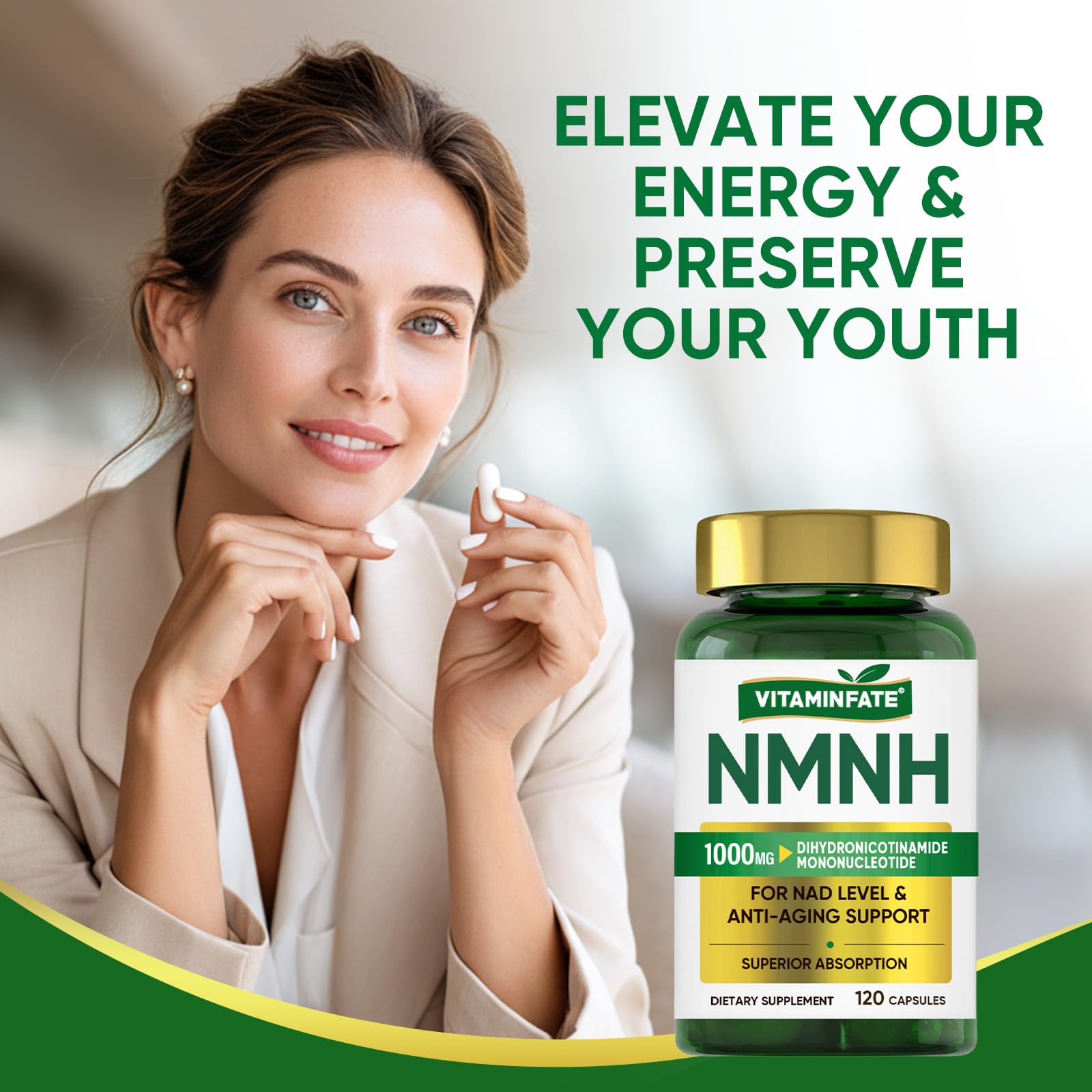 VITAMINFATE NMNH Supplement 1000 mg - 120 Capsules | NMN Alternative | Supports Anti-Aging, Cellular Energy and Repair, Metabolism & Brain Boost VITAMINFATEAu supplements