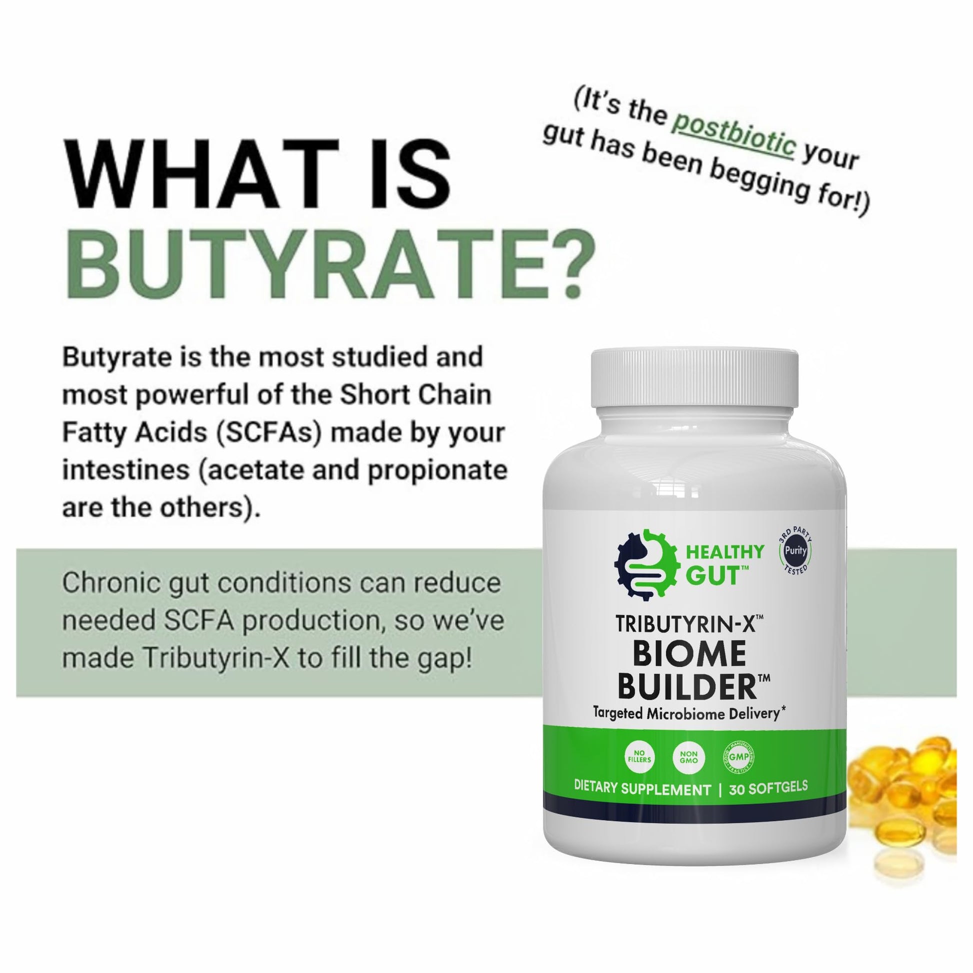 Healthy Gut Tributyrin-X | Most Bioavailable Butyrate Postbiotic for Gut Health & Leaky Gut Support | 99% Pure w/Zero Odor | 30 Softgels Healthy GutAu supplements