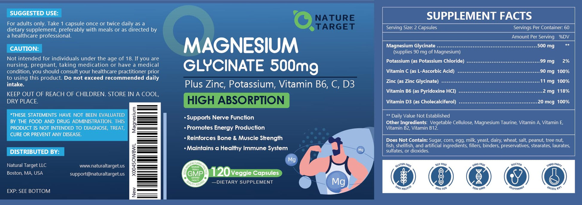NATURE TARGET Magnesium Glycinate 500mg, Chelated Magnesium with Zinc & Vitamin D3 for Muscle, Nerve & Bone, Support Heart Health & Leg Cramp, Strength Immune System - 120 Capsules NATURE TARGETAu supplements