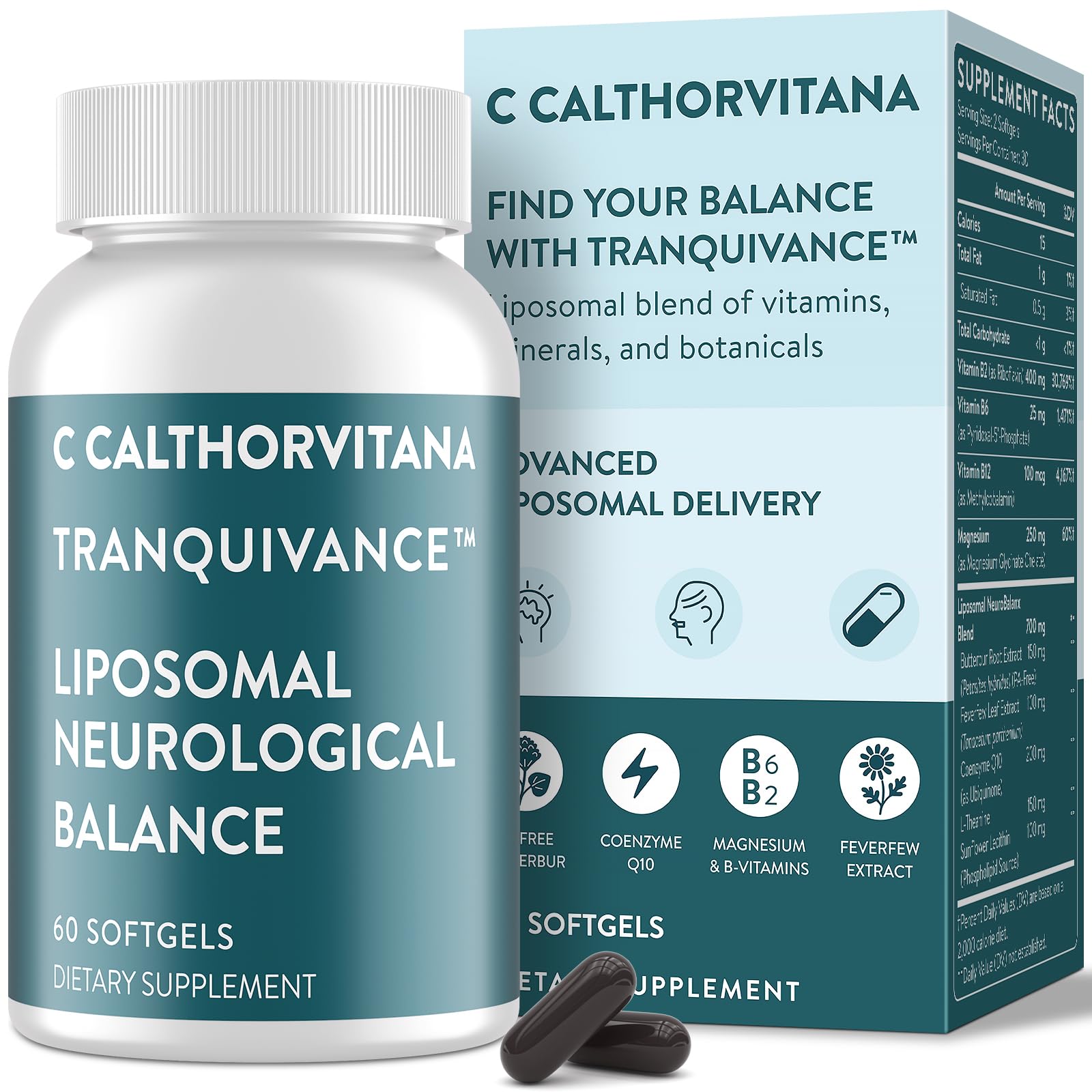 C Calthorvitana Migraine Relief Supplement – Liposomal Riboflavin, Vitamin B2 B6 & B12, Magnesium, CoQ10, L-Theanine, PA-Free Butterbur & Feverfew – Natural Head & Nerve – 60 Softgels C CalthorvitanaAu supplements