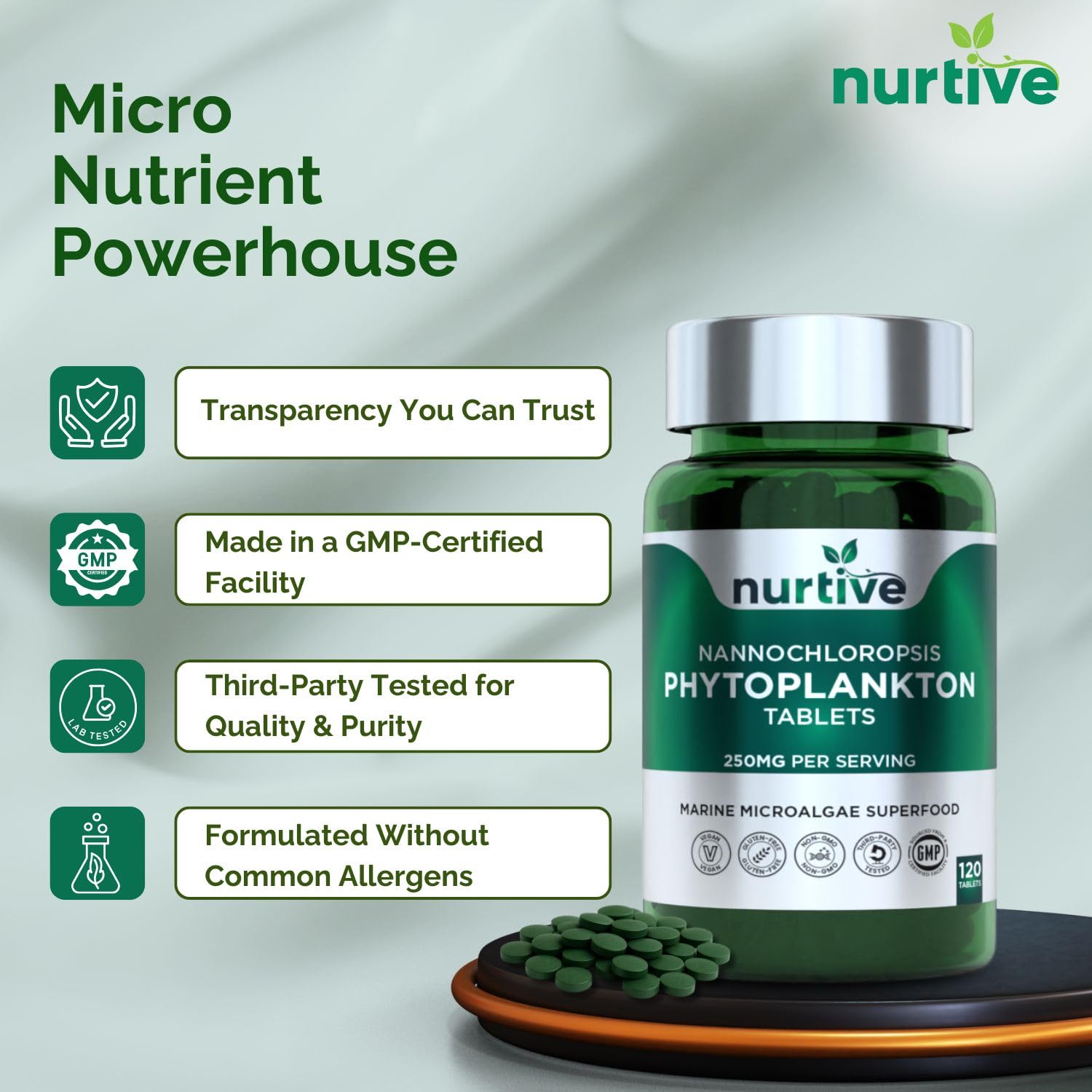 NURTIVE Nannochloropsis Phytoplankton Tablets – 250mg per Serving – Vegan, Gluten-Free, Non-GMO, No Fillers – Third-Party Tested, GMP Certified – 2 Tablets/Day for 2 Month, 120 Tablets/Bottle NURTIVEAu supplements