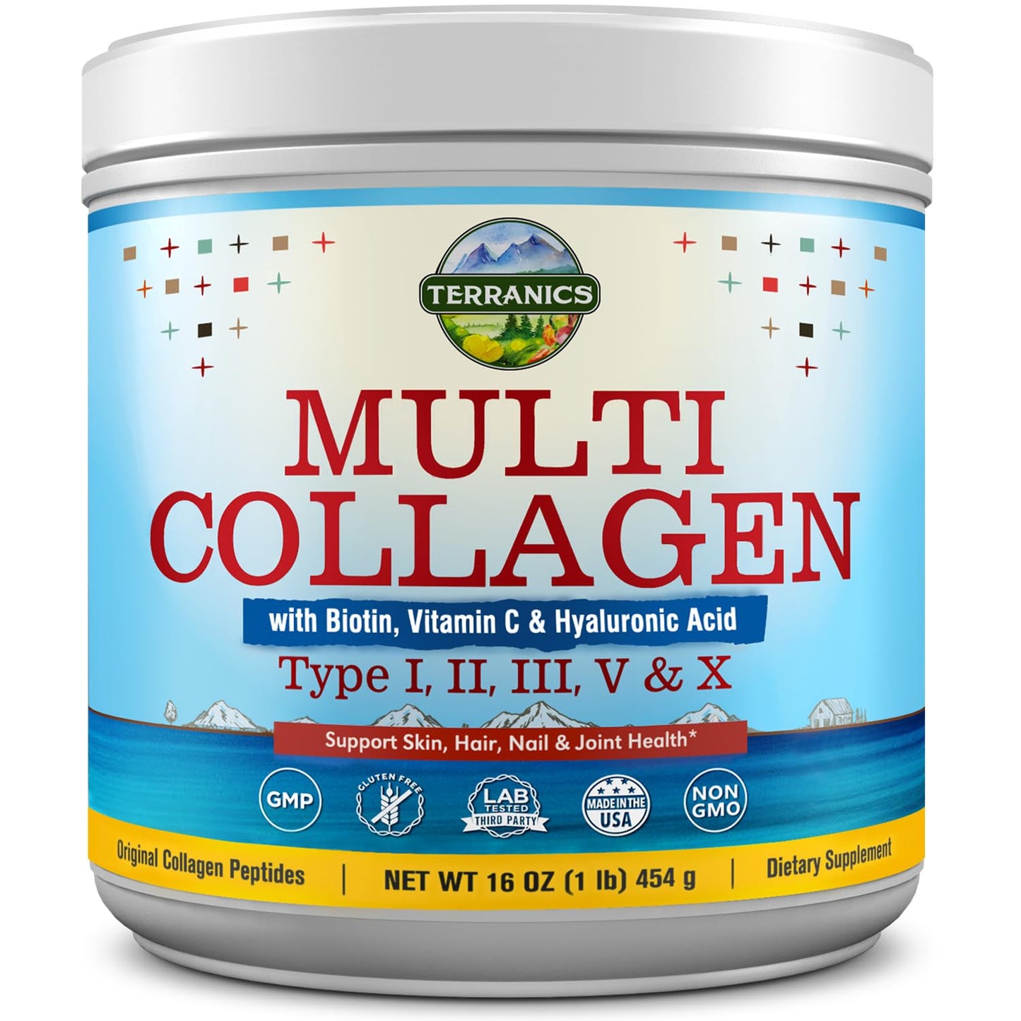Terranics Multi Collagen Powder Type I II II V X with Biotin VC Hyaluronic Acid, Paleo TerranicsUS supplements