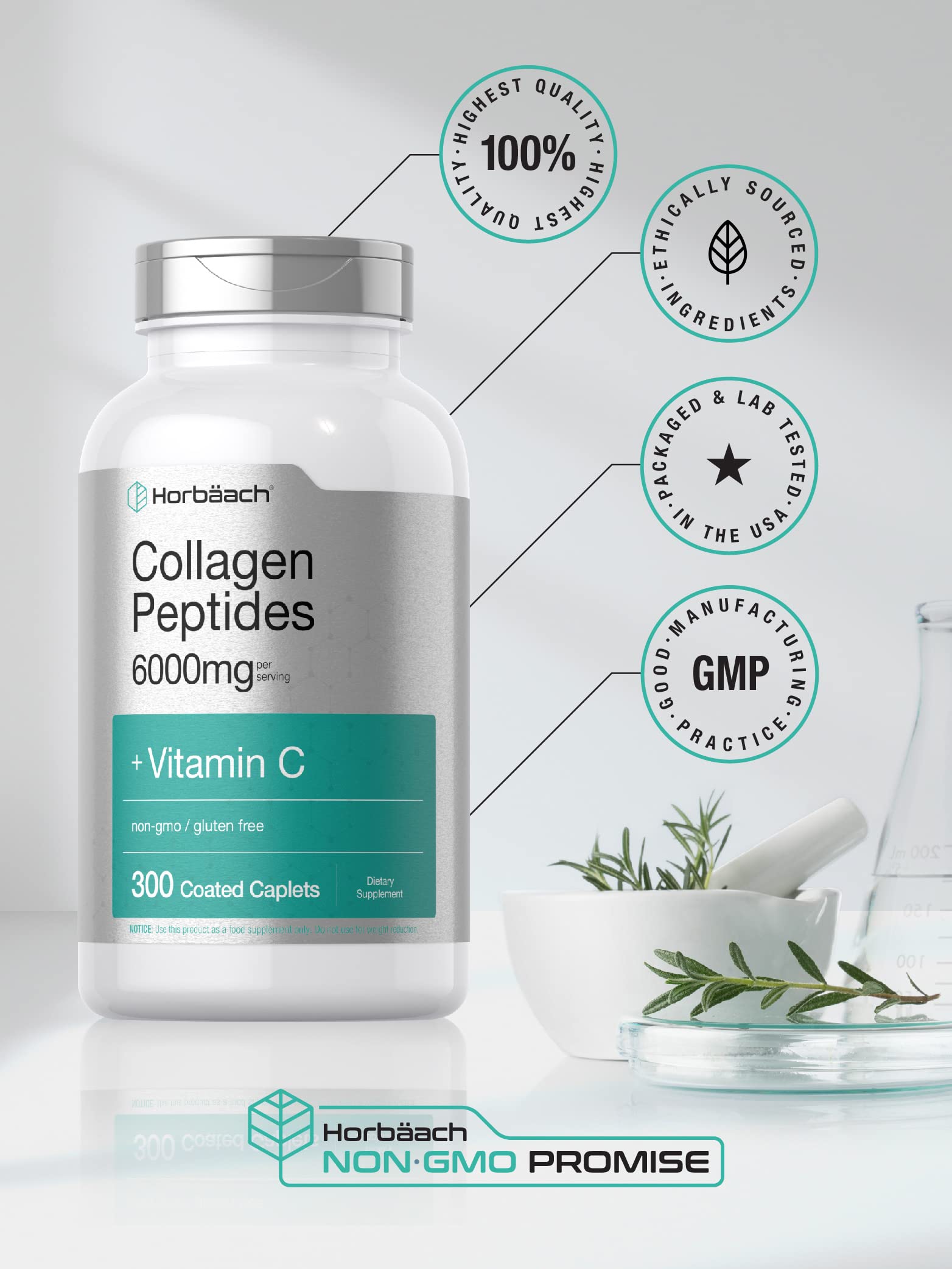 Horbäach Collagen Peptides 6000mg | 300 Caplet Pills | with Vitamin C | Hydrolyzed Collagen Supplement | Non-GMO, Gluten Free HorbäachAu supplements