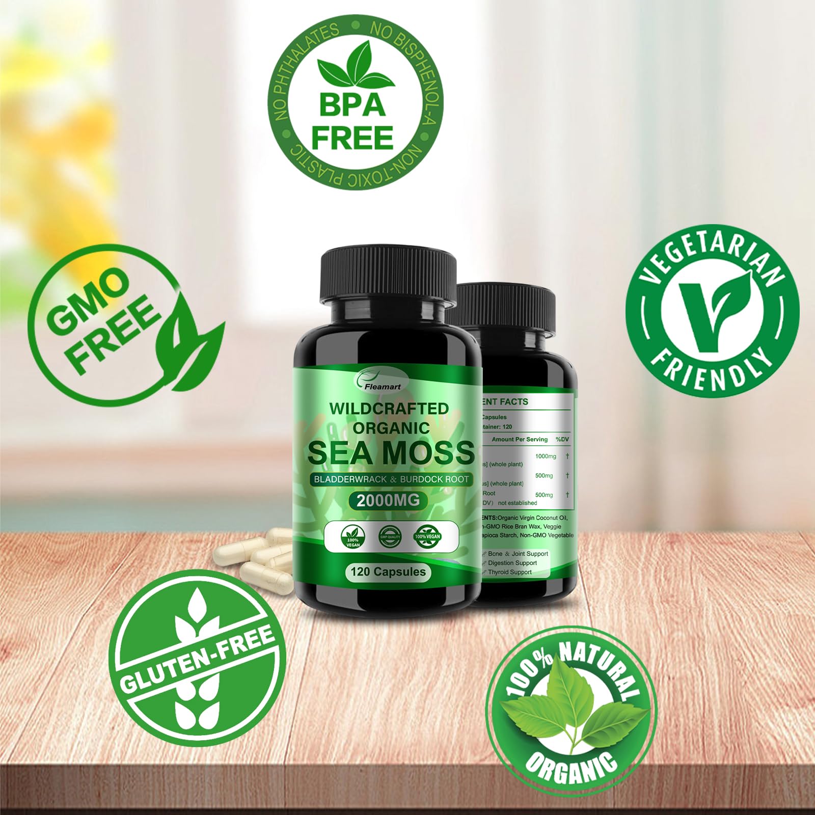 Fleamart Irish Sea Moss Capsules 120ct Raw Organic Sea Moss Wildcrafted Bladderwrack FleamartUS supplements