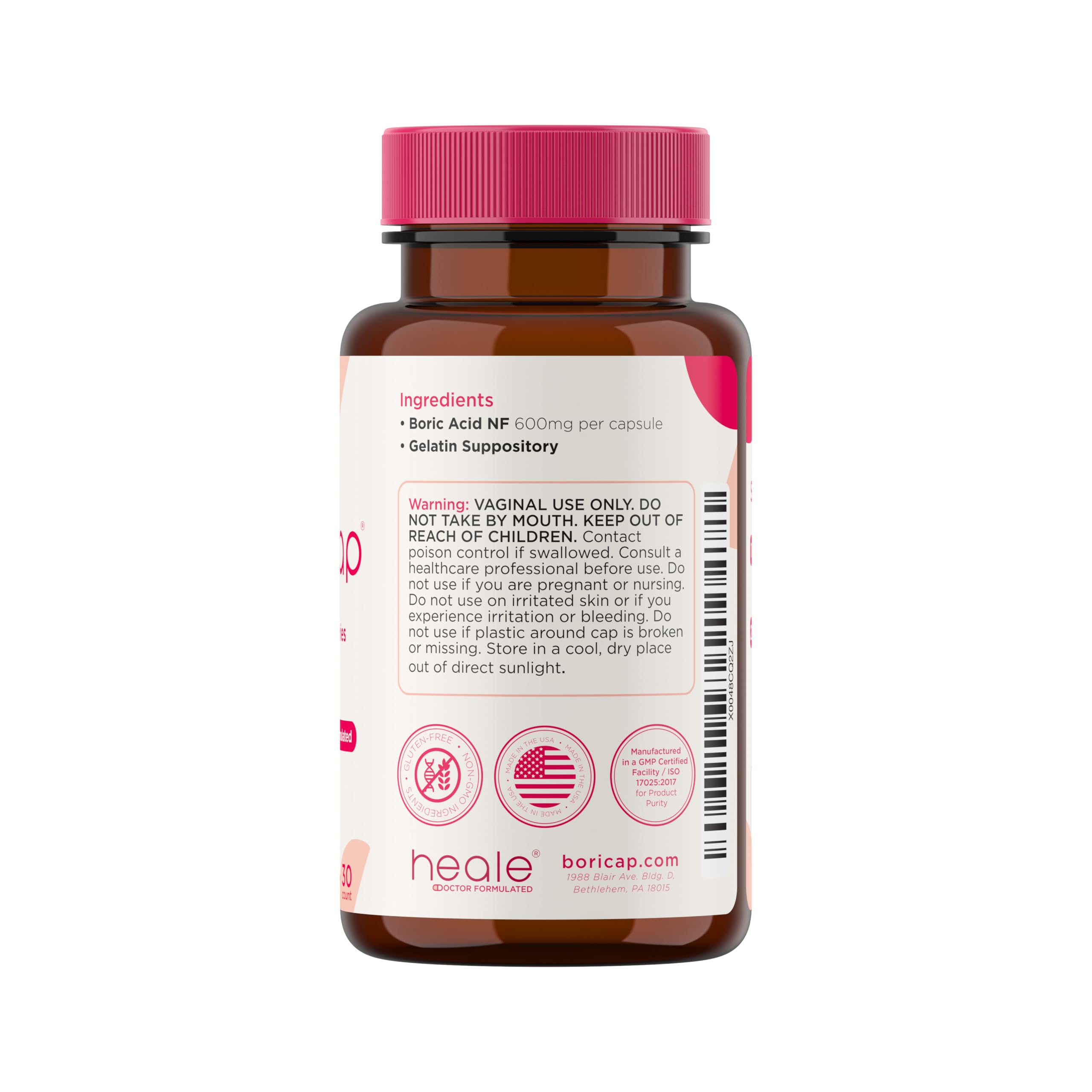 BoriCap - Boric Acid Suppositories for Women - 600 mg - Vaginal Health & Balance, Itch & Odor - Natural Relief - Feminine Care - Feminine Hygiene Products - Made in USA by Heale - 30 Capsules BoriCapUS supplements