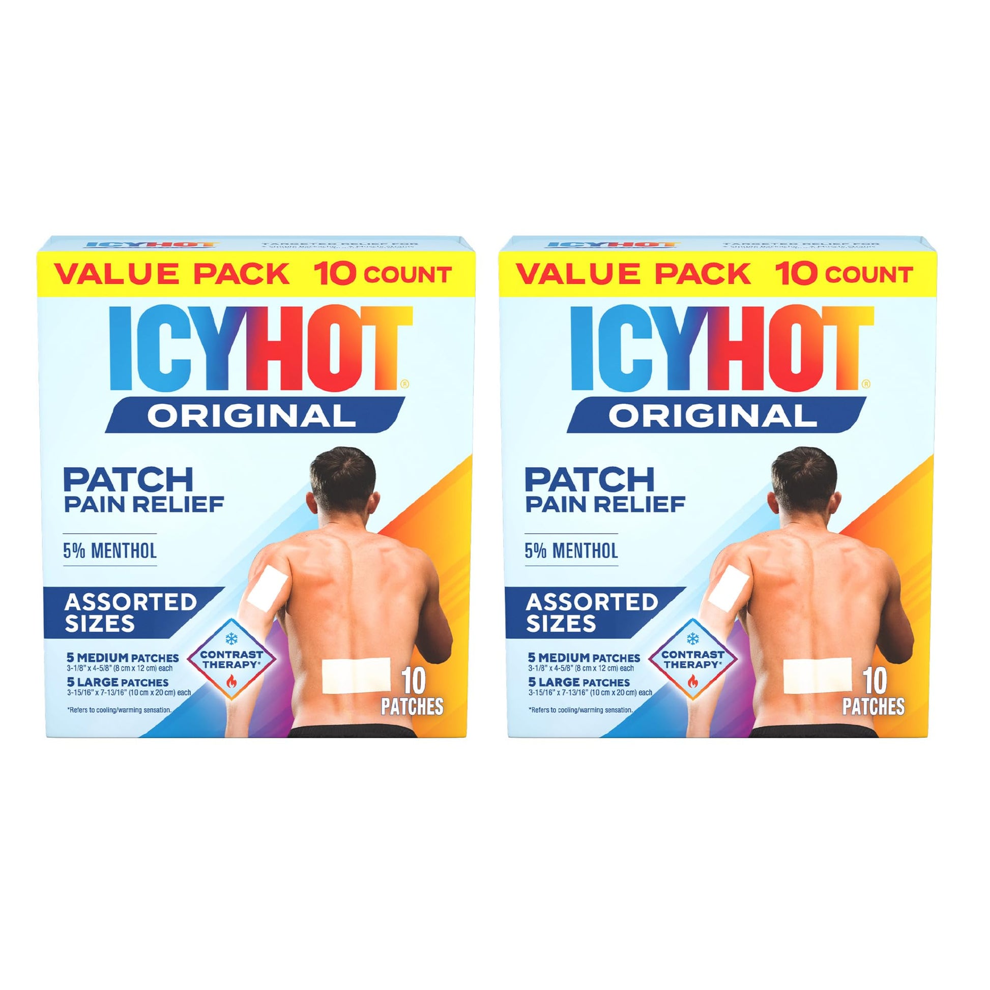 Icy Hot Original Pain Relief Patch Variety Pack with 5% Cooling Menthol for Fast-Acting Muscle and Joint Pain Relief, 5 Medium and 5 Large Comfortable Fabric Patches, 10 Ct., 2 pk Icy HotAu supplements