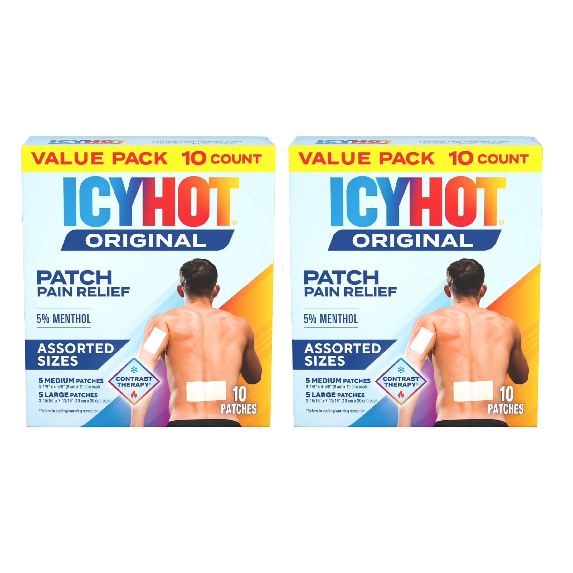 Icy Hot Original Pain Relief Patch Variety Pack with 5% Cooling Menthol for Fast-Acting Muscle and Joint Pain Relief, 5 Medium and 5 Large Comfortable Fabric Patches, 10 Ct., 2 pk Icy HotAu supplements