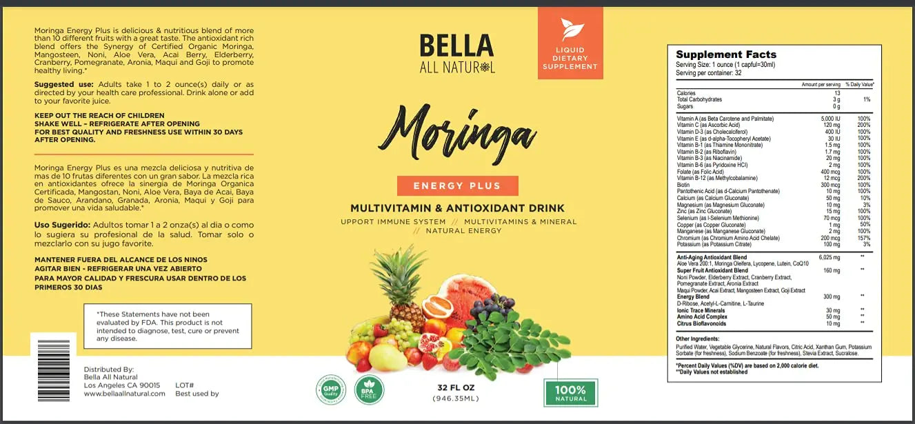 Bella All Natural Moringa Juice Energy Plus - Multivitamin and Antioxidant Drink - 32oz Bella All NaturalAu supplements