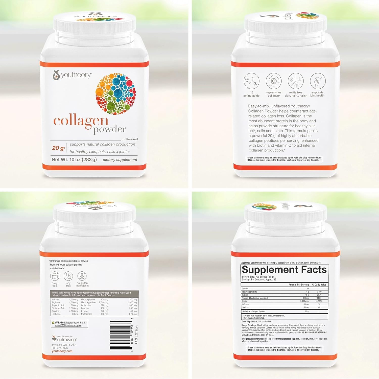 Youtheory Collagen Powder - Hydrolyzed Collagen Peptides with Vitamin C - Supports Healthy Bones, Joints & Immune System* - Unflavored - 10 oz (10-Day Supply) YoutheoryAu supplements