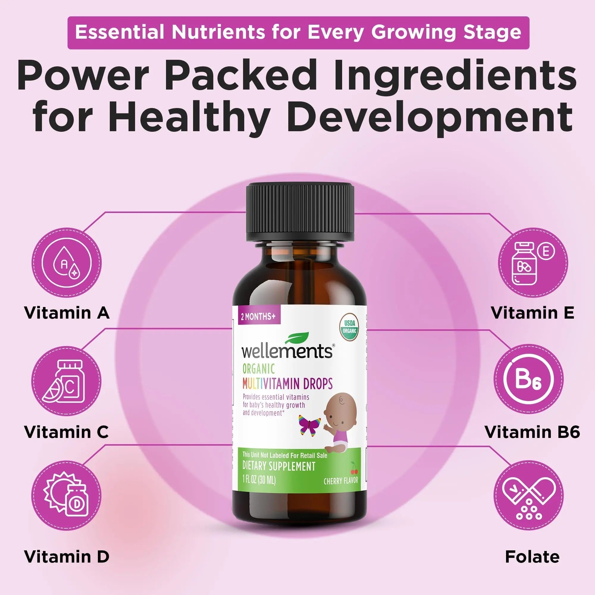 Wellements Organic Baby Multivitamin Drops (1 Fl Oz) - Cherry Flavor Liquid Multivitamins for Infants & Toddlers (2 Months+) WellementsAu supplements