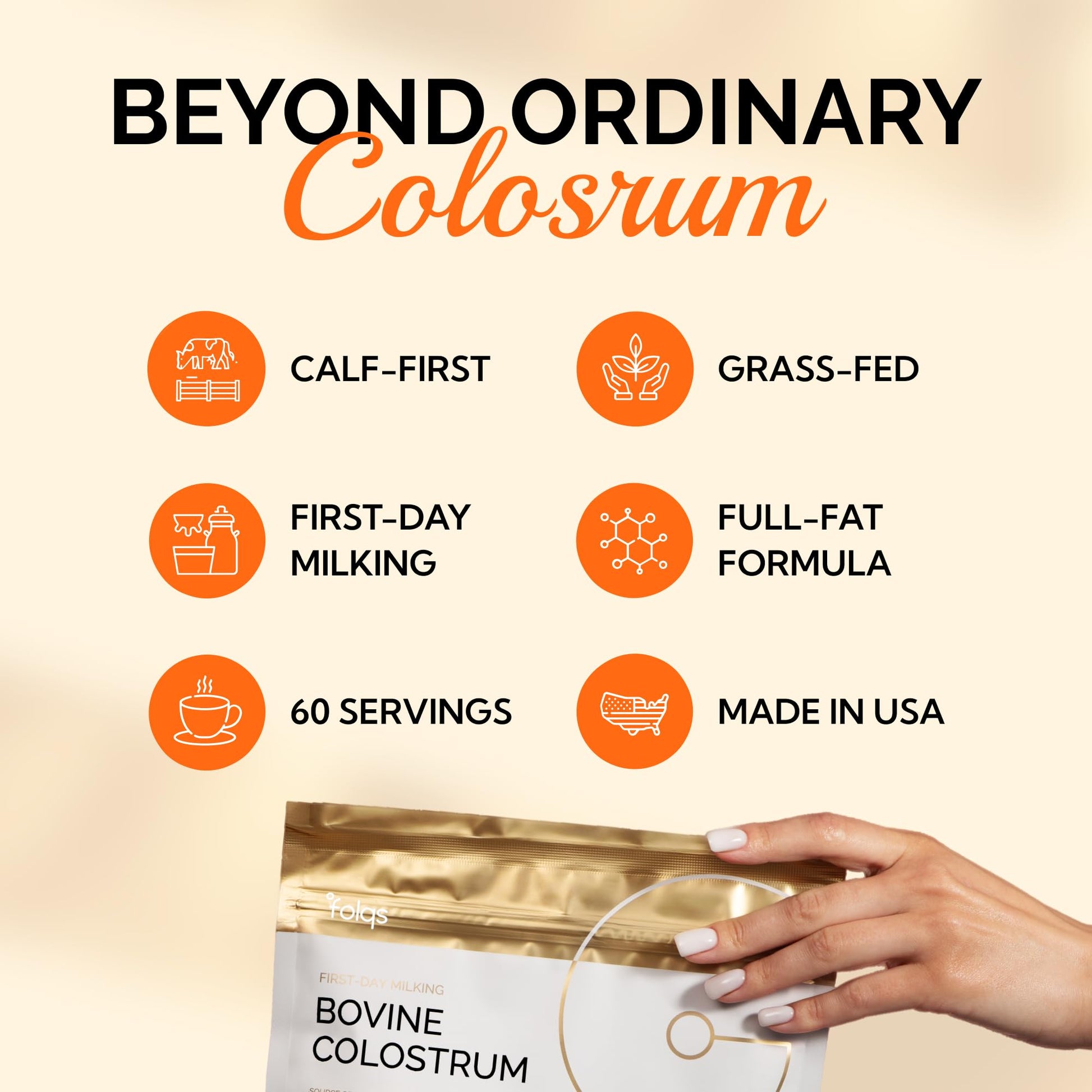 Folqs Bovine Colostrum Powder – First-Day Milking for Immune & Gut Support – 60 Servings – Supports Skin & Tissue Health – Made in USA - Amino Acids, Vitamins, Minerals – Kosher - Sustainably Sourced FolqsAu supplements
