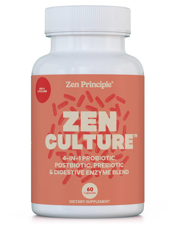 Zen Principle Zenculture™ – 4-in-1 Synbiotic Supplement (Probiotic + Prebiotic + Postbiotic + Digestive Enzymes) with CoreBiome®. Anti Bloating