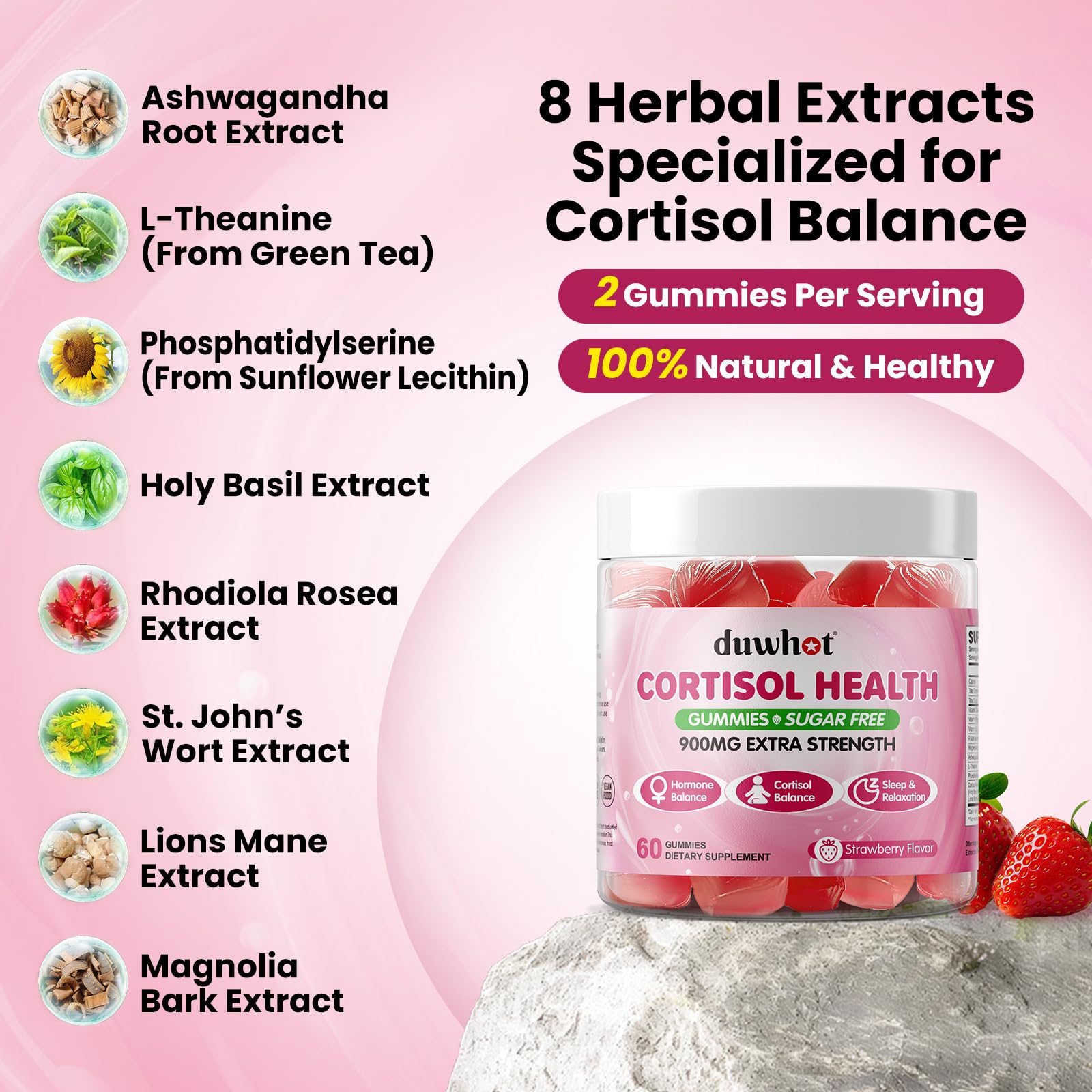 duwhot Cortisol Gummies, 15 in 1 Lower Cortisol Supplements for Women, w. Ashwagandha, Magnesium, Phosphatidylserine, Folate for Hormone Balance, Mood, Focus, Sleep Support, Sugar Free, Vegan, 60 duwhotAu supplements