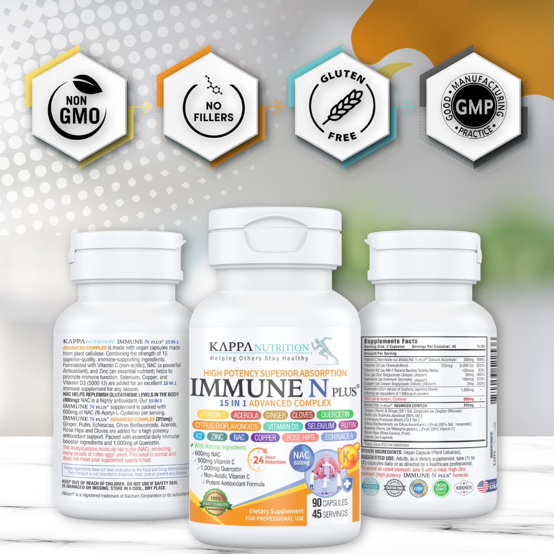 (90 Capsules), NAC 600mg, Quercetin 1,000mg, Vitamin C 500mg, Zinc 50mg, Vitamin D3 5,000iu, Selenium, Copper, Acerola, Ginger, Rutin, Citrus Bioflavonoids, Rose Hips, Echinacea, Immune N Plus 15 in 1 KAPPA NUTRITIONAu supplements