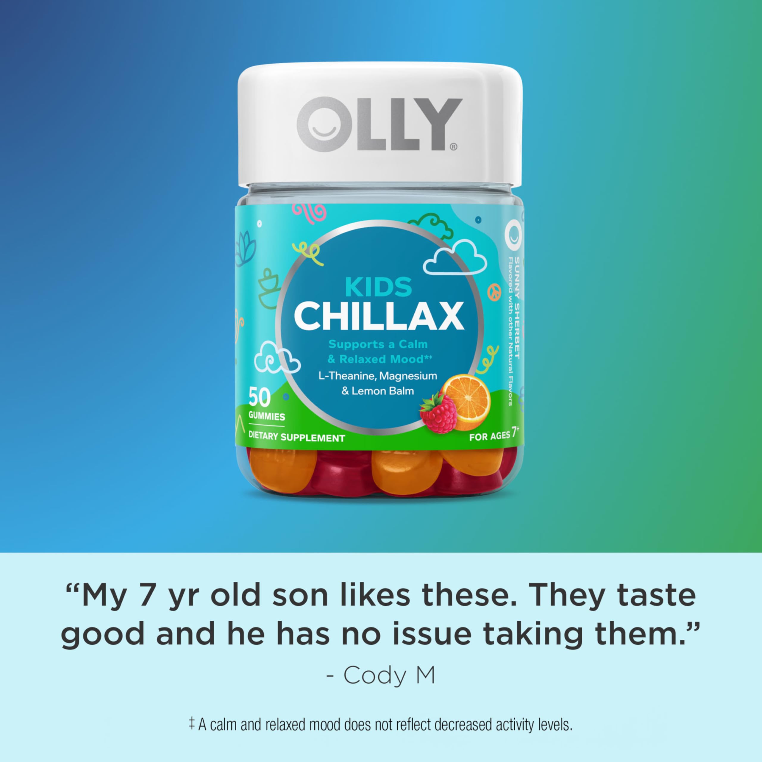 OLLY Kids Chillax Gummy, For a Calm and Relaxed Mood*, Magnesium, L-Theanine, Lemon Balm Extract, Chewable Supplement, Sherbet Flavored, 25 Day Supply - 50 Count OLLYAu supplements