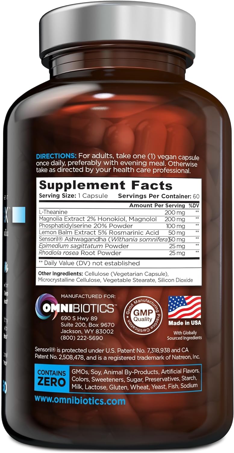 OmniBiotics Cortisol Supplement for Women and Men - High Cortisol Manager with Ashwagandha, L-Theanine, Magnolia Extract, Phosphatidylserine to Support Relaxation, Calm, Detox - 60 Vegan Capsules OmniBioticsAu supplements