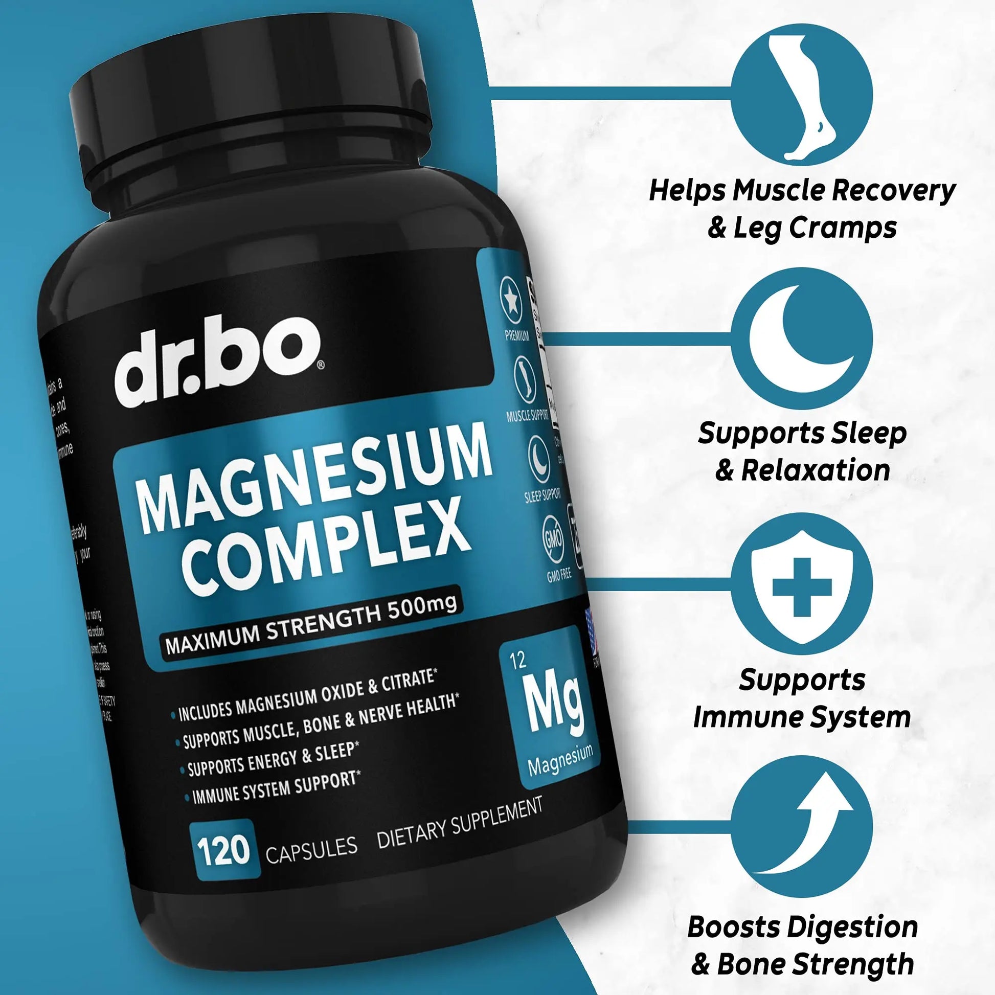 Magnesium Complex Supplement Capsules 500mg - Support Energy, Relaxation, Leg Cramps & Legs - Help Aid Muscle Support Supplements - High Absorption Premium Mag Citrate Oxide - 120 Capsules DR. BOnz supplements