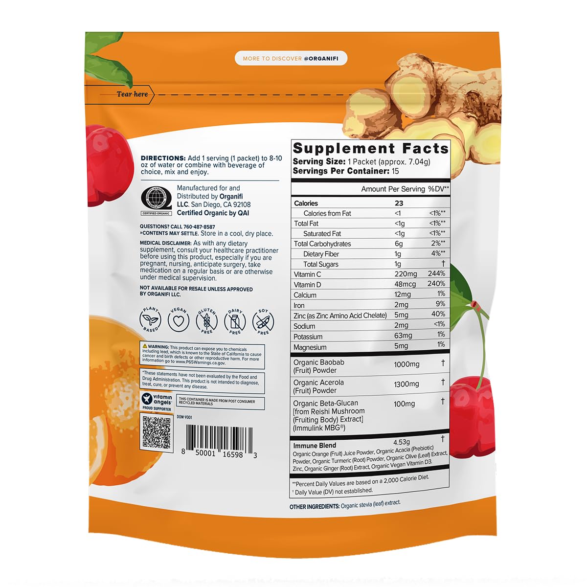 Organifi Immunity - Organic Superfood Immunity Support - 15 Single Serve Packets - Immunity Powder for T Cell Production and Upper Respiratory Health - Mushroom Beta Glucans, Vitamin C, D and Zinc OrganifiAu supplements
