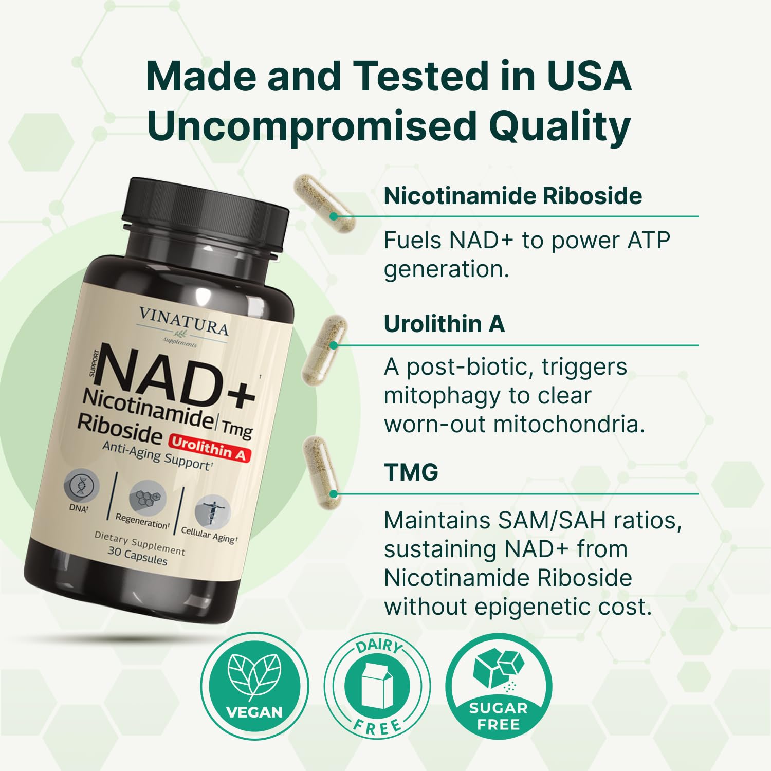 VINATURA NAD Supplement, Nicotinamide Riboside with Resveratrol - Advanced NAD+ Supplement with TMG and Urolithin A, for Women and Men - 30 Vegan Capsules VINATURAAu supplements