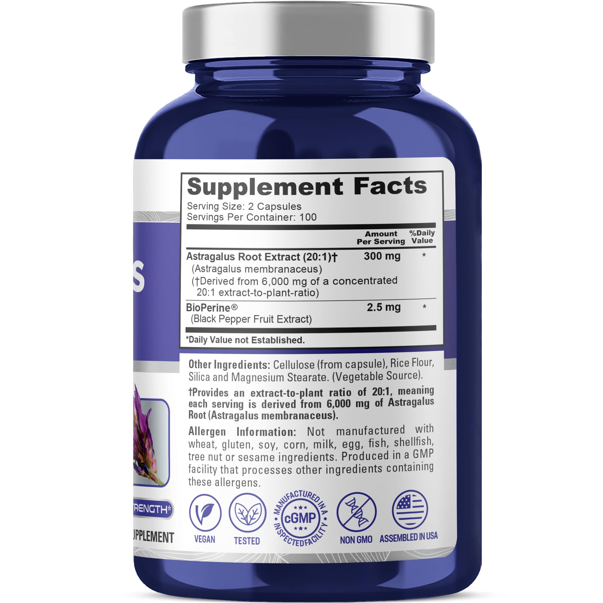 NusaPure Astragalus 20:1 Extract, 300 mg Equivalent to 6,000mg Per Serving, 200 Veggie Capsules, Vegan, Non-GMO & Bioperine NusaPureAu supplements