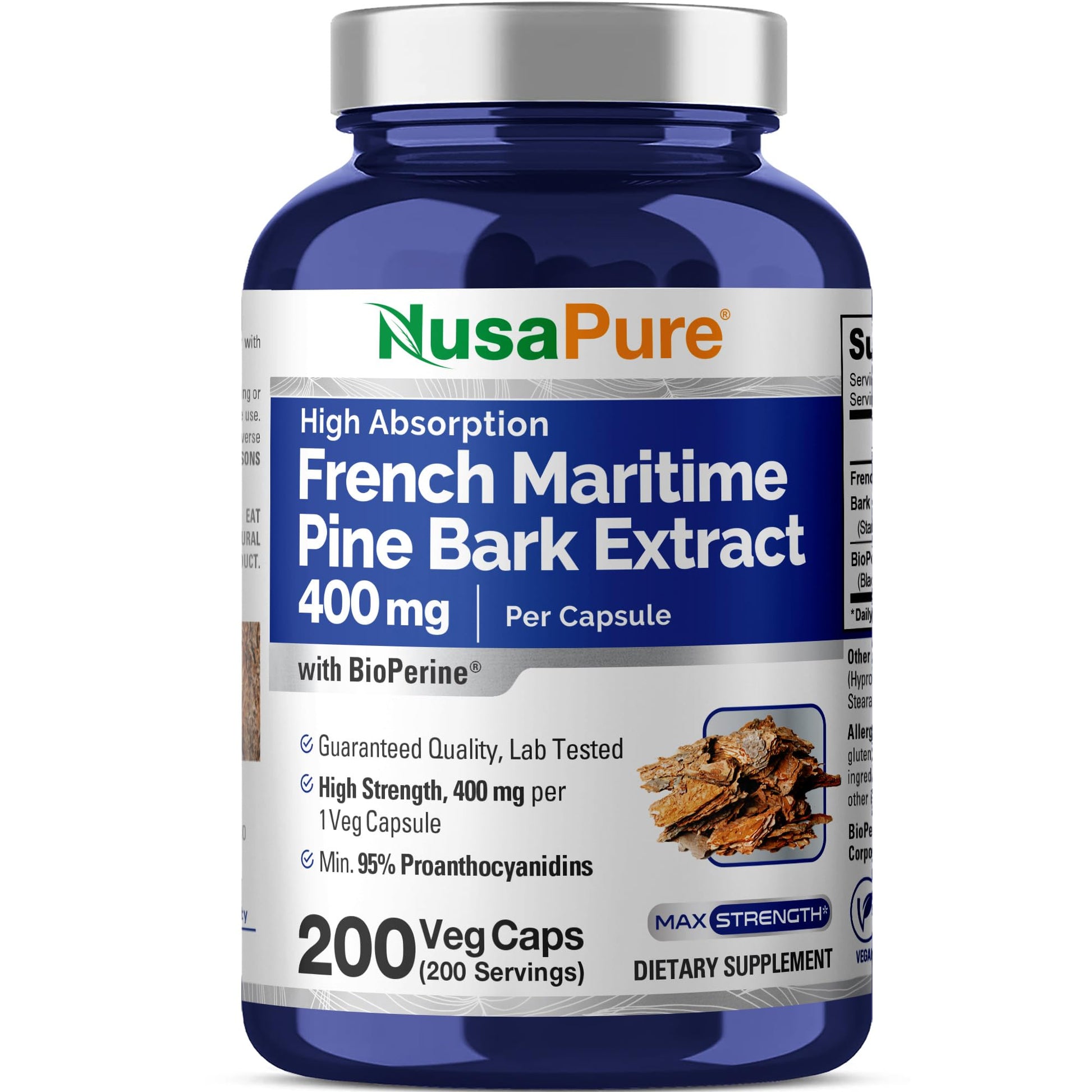 NusaPure French Maritime Pine Bark Extract 400mg per Veggie Caps 200-Day Supply Bioperine Non-GMO Vegan NusaPureAu supplements