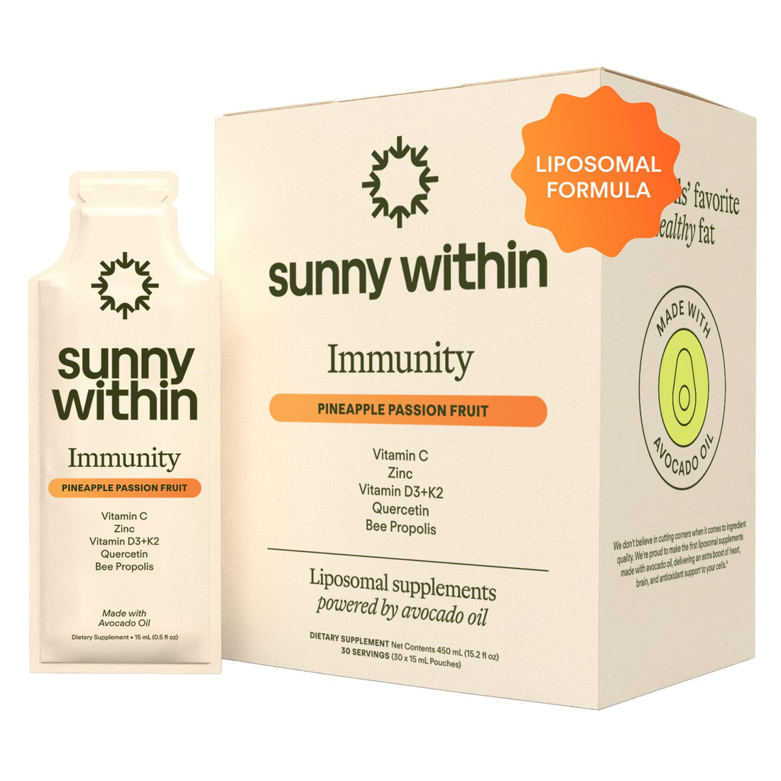 Sunny Within Immunity - 6-in-1 Liposomal Vitamin C Packets, Zinc, D3 + K2, Quercetin, Bee Propolis & Avocado Oil - Antioxidant Liquid Supplement for Immunity, Skin & Bone* - 30 Pouches Sunny WithinAu supplements