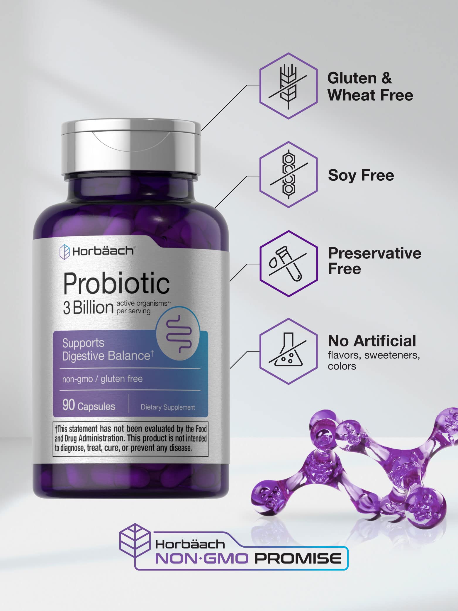 Probiotic for Women & Men's Digestive Health | 3 Billion CFU | 90 Capsules | Non-GMO HorbäachAu supplements