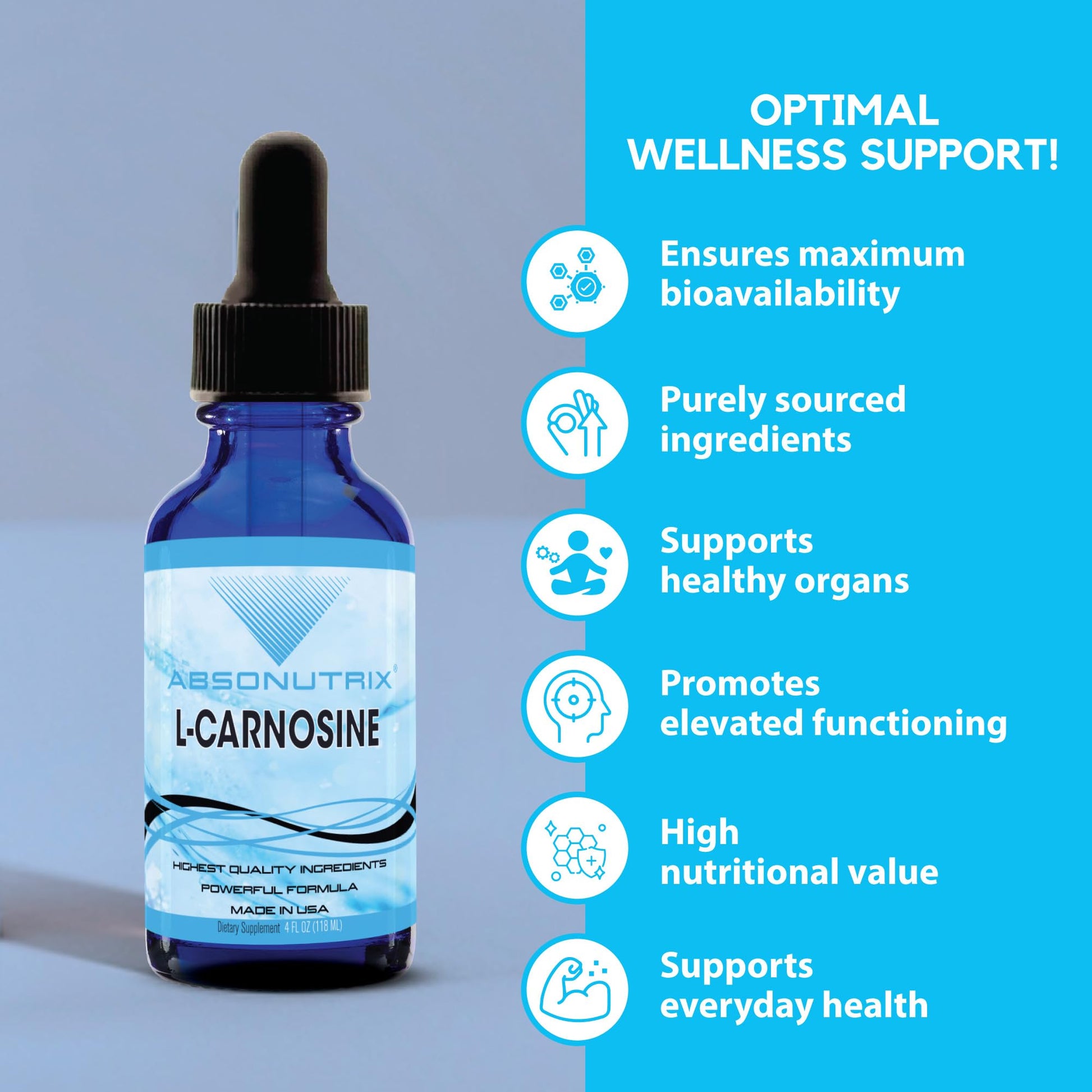 Absonutrix L-Carnosine - 583 mg 4 Oz Bottle, 200 Highly Potent Servings, Easy-to-Consume Drops, High Bioavailability, Third-Party Tested, GMP-Certified, Non-GMO, Cruelty-Free Products, Made in USA AbsonutrixAu supplements