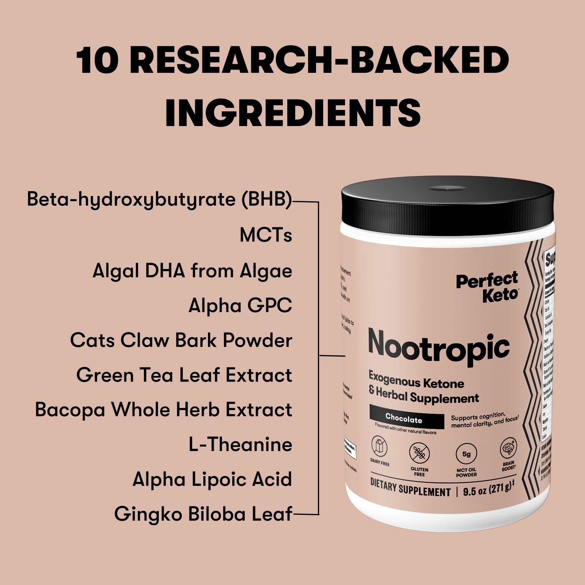 Perfect Keto Nootropic Brain Support, Caffeine Free Focus and Energy Supplement with Alpha Lipoic Acid, L Theanine, Ginkgo Biloba, Alpha GPC, MCT's, Collagen, Ketones, Chocolate Drink Mix, 15 Servings Perfect KetoAu supplements