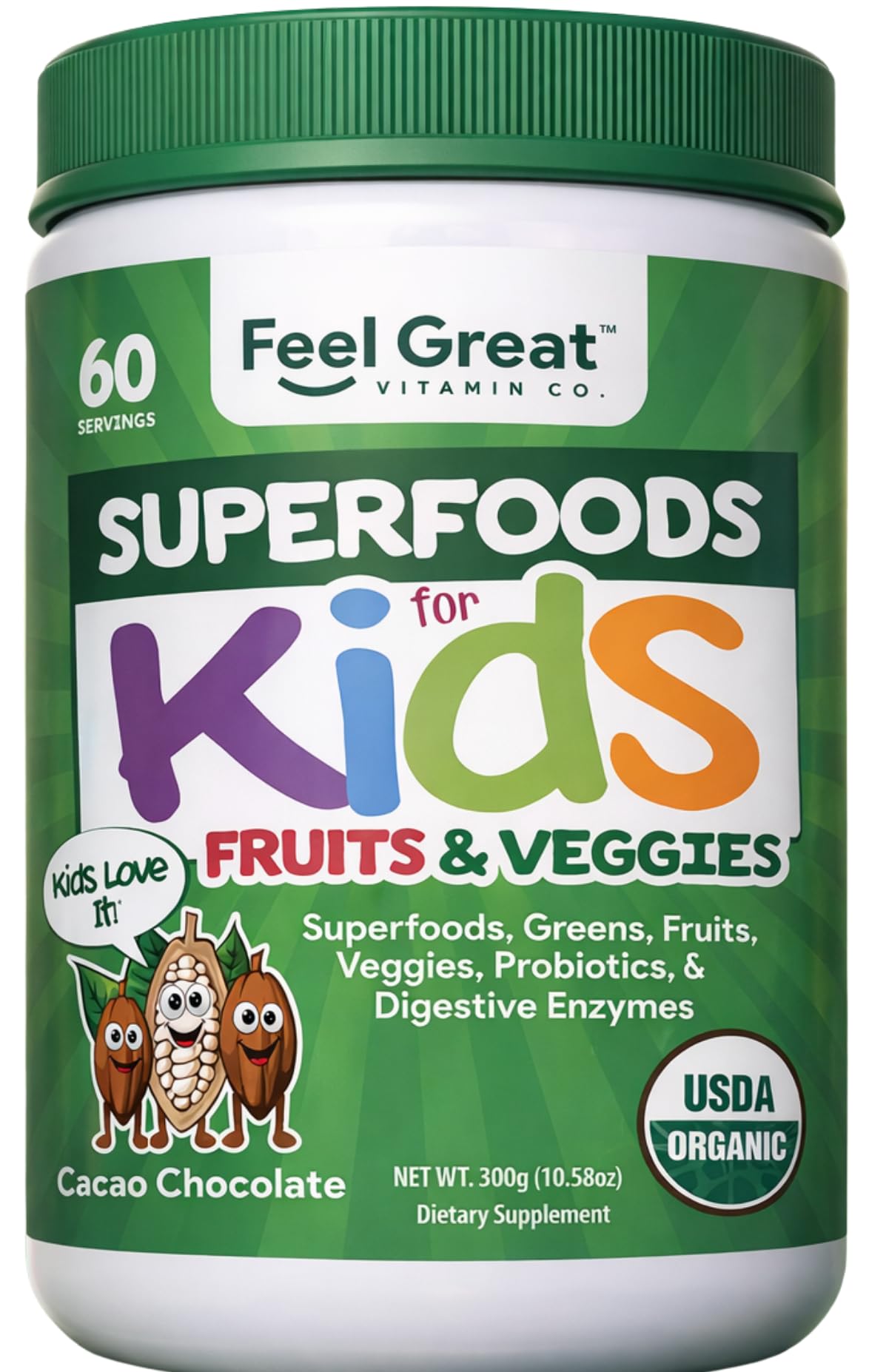 Feel Great USDA Organic Super Greens Powder for Kids - Cocao Chocolate | Fruit & Veggie Supplement | Superfood Powder with Probiotics & Digestive Enzymes for Digestive Health | 60 Days Supply The Feel Great Vitamin CompanyAu supplements