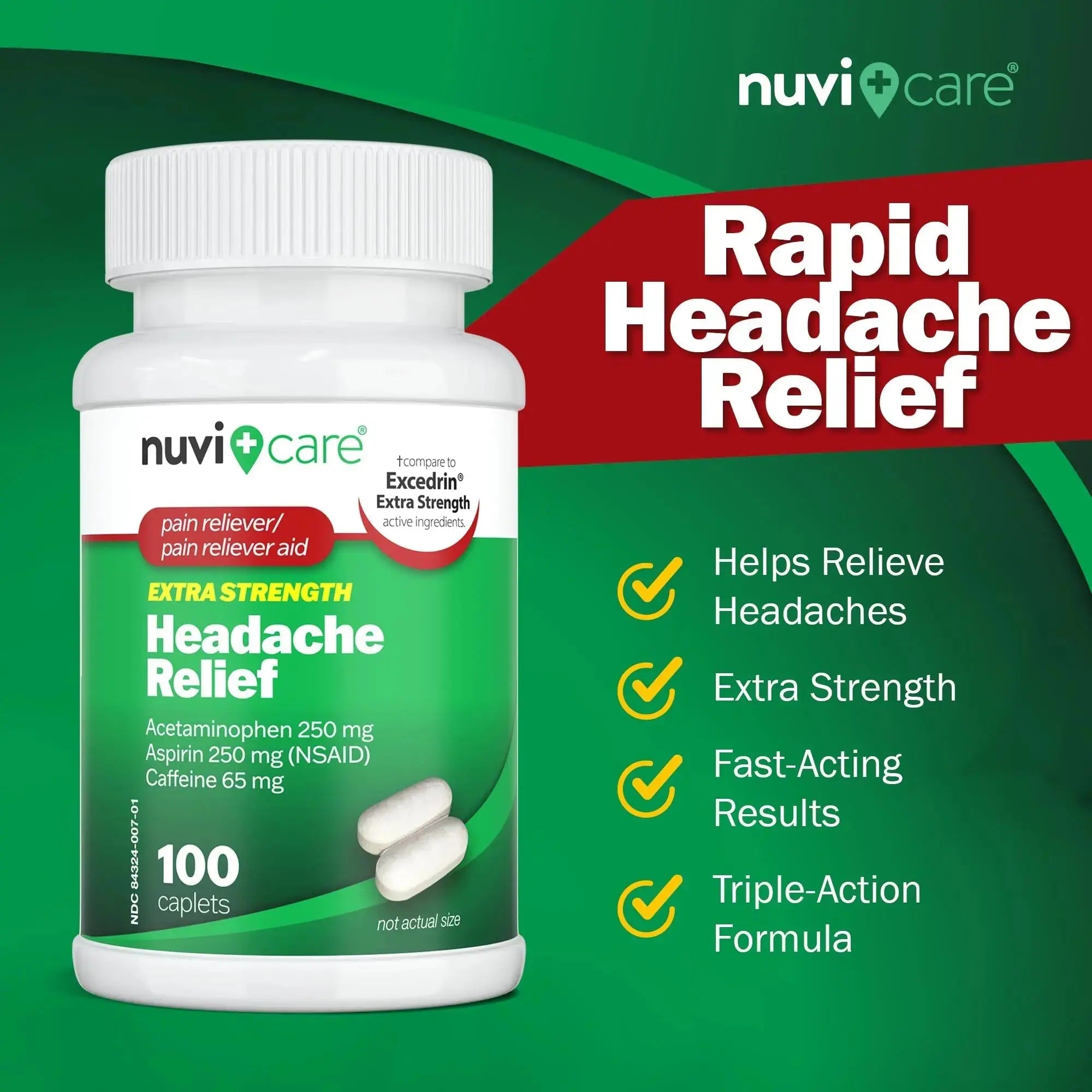 NUVICARE Headache Relief with Acetaminophen 250 mg, Aspirin (NSAID) 250 mg, Caffeine 65 mg - Temporary Relief of Minor Aches & Pains - Compare to Excedrin Extra Strength Pain Reliever (2 Pack) NUVICAREAu supplements