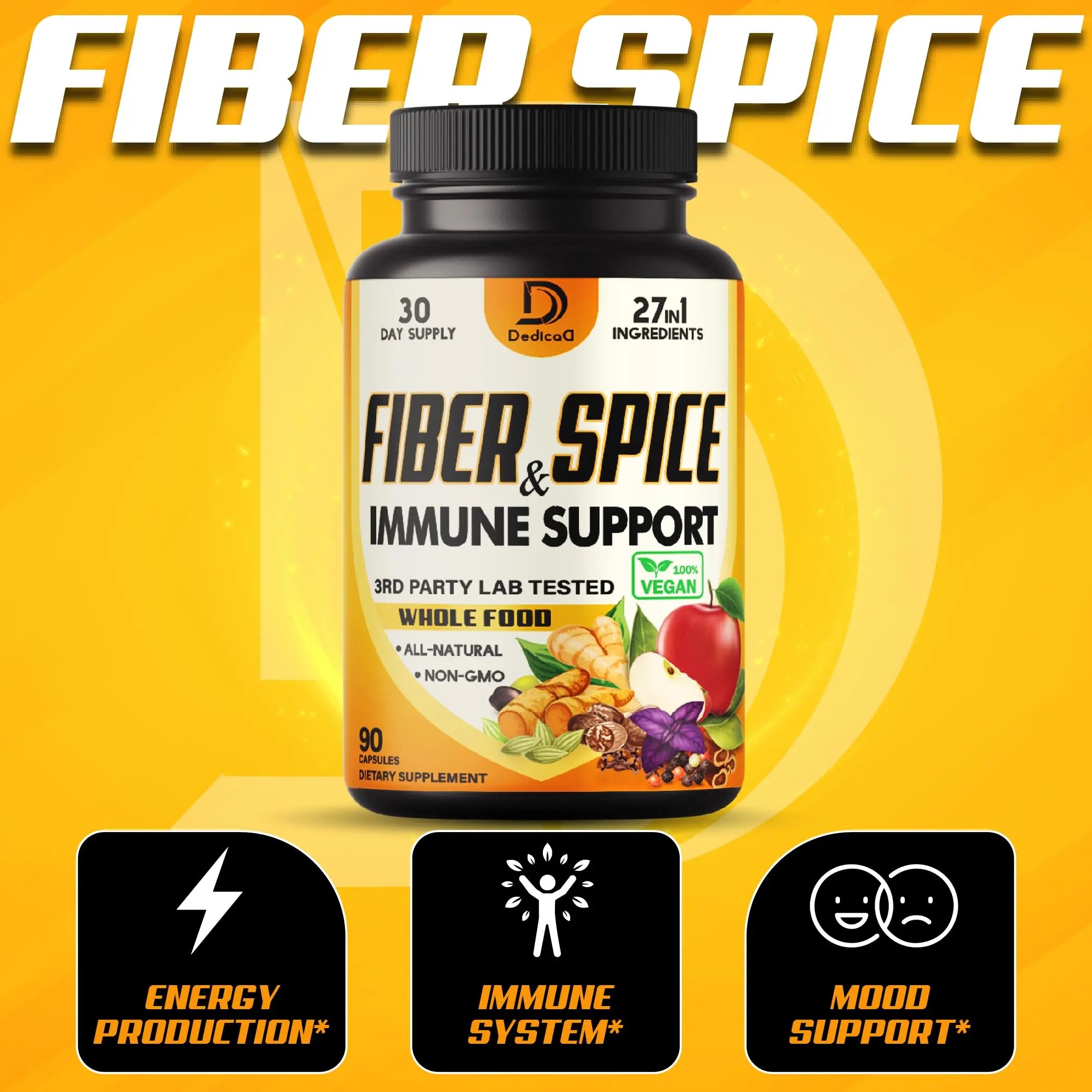DEDICAD 27in1 Fiber and Spice Supplement - Combined with Organic Psyllium, Whole Apple, Elderberry & More - Support Mood, Body & Immunity - 90 Capsules for 1 Month DEDICADnz supplements