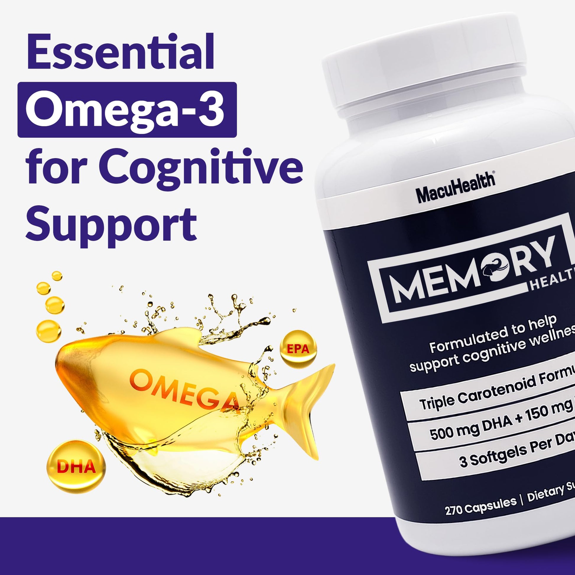 Memory Health Softgels with Omega-3, Carotenoids, and Vitamin E – Designed for Mental Focus, Energy, and Enhanced Clarity - (270 Softgels, 90 Days Supply) MacuhealthAu supplements