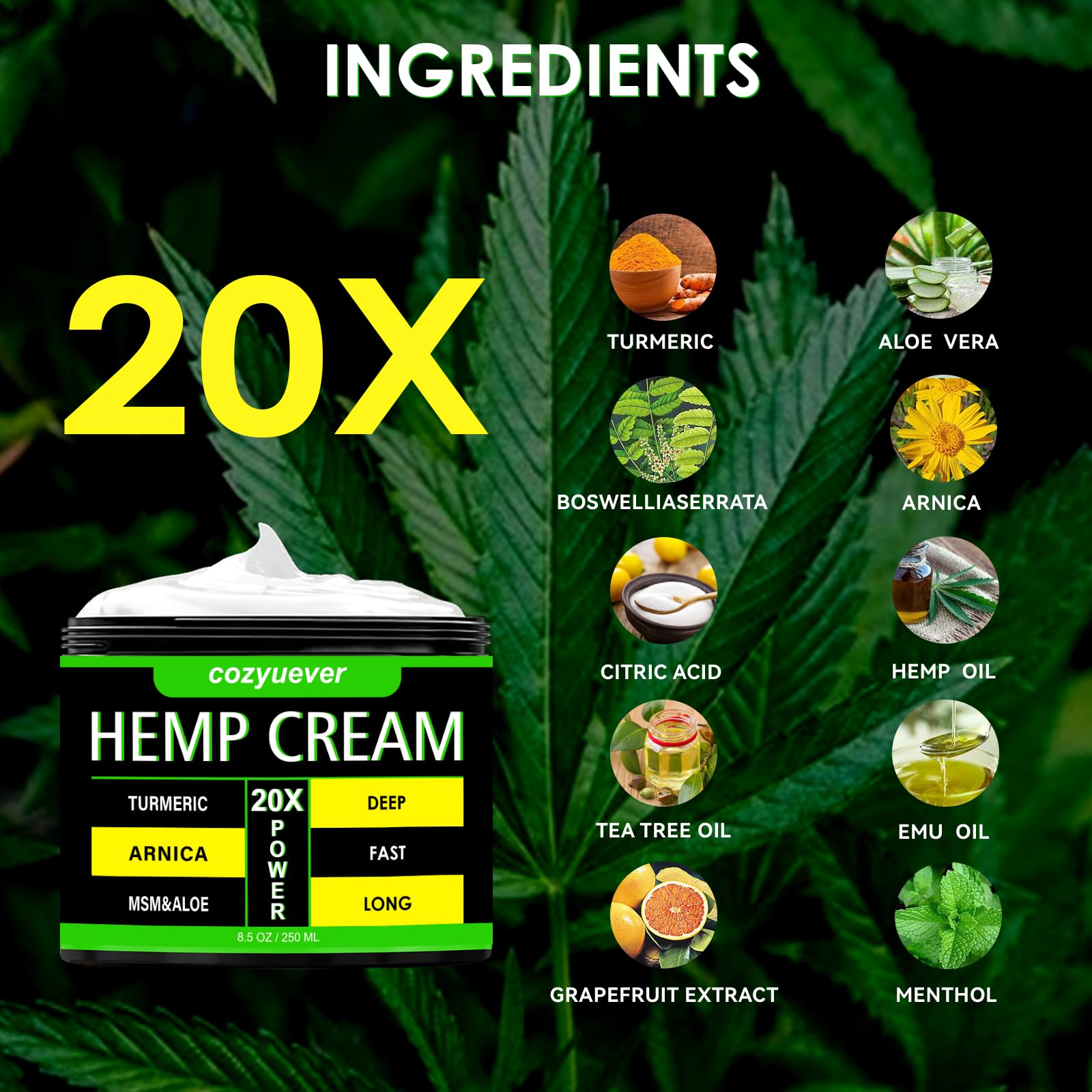cozyuever 8.5 Oz Hemp Cream with Arnica, Menthol, Aloe, Emu Oil, Turmeric cozyueverAu supplements