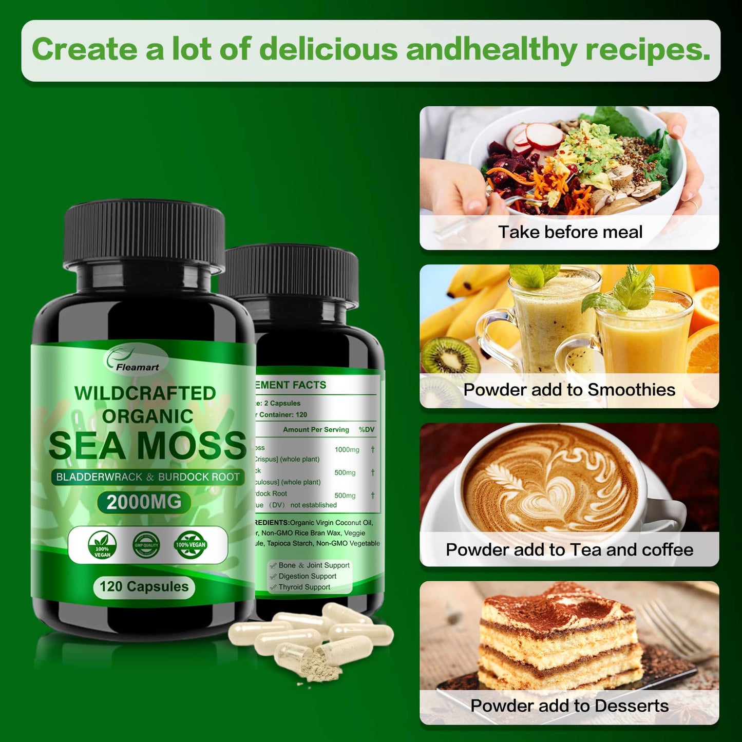 Fleamart Irish Sea Moss Capsules 120ct Raw Organic Sea Moss Wildcrafted Bladderwrack FleamartUS supplements