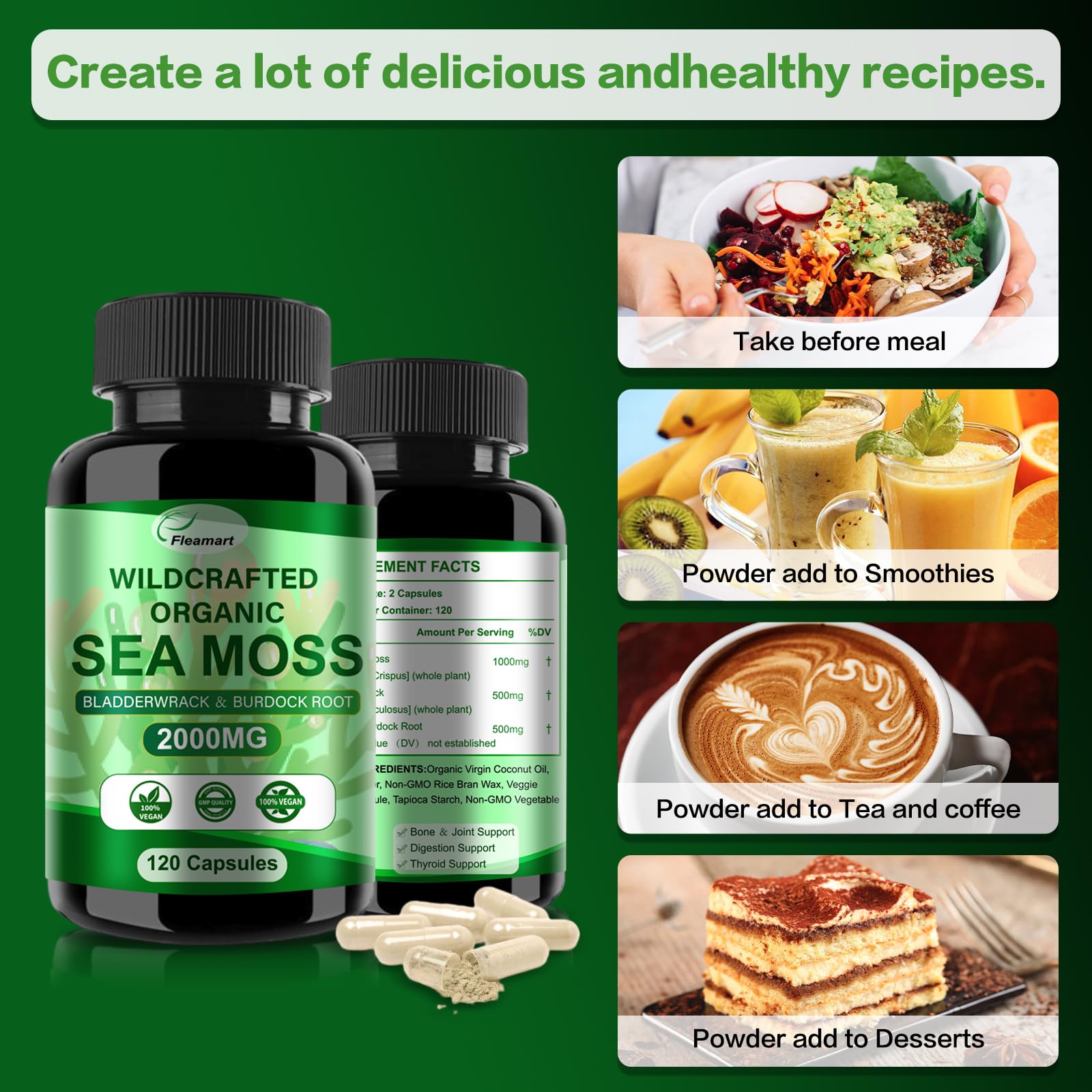 Fleamart Irish Sea Moss Capsules 120ct Raw Organic Sea Moss Wildcrafted Bladderwrack FleamartUS supplements