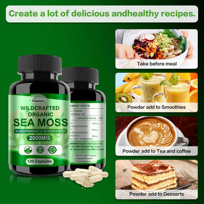 Fleamart Irish Sea Moss Capsules 120ct Raw Organic Sea Moss Wildcrafted Bladderwrack FleamartUS supplements