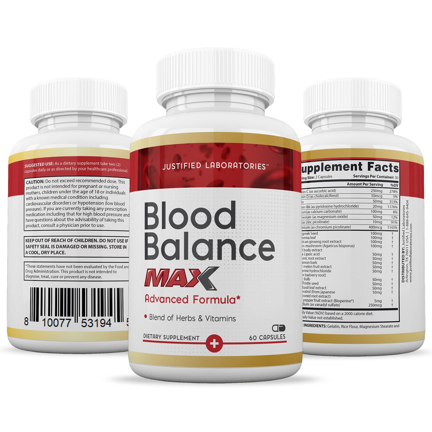 Justified Laboratories (3 Pack Blood Balance Max 1295MG Formula Supplement Pills Justified LaboratoriesUS supplements