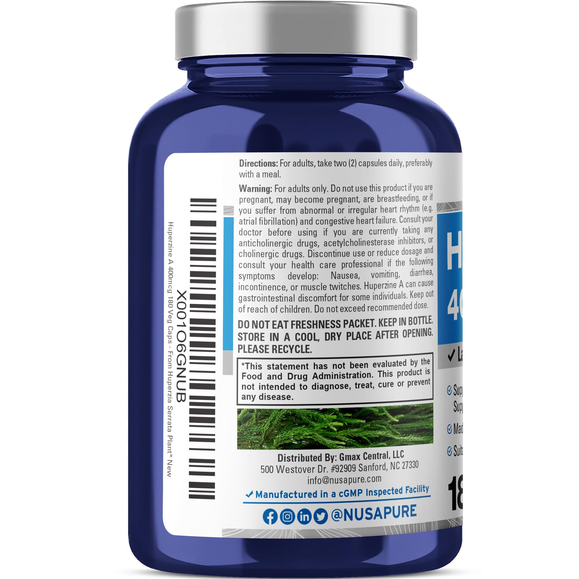 NusaPure Huperzine A 400mcg 180 Veggie Capsules (Vegetarian, Non-GMO, Vegan) NusaPureAu supplements